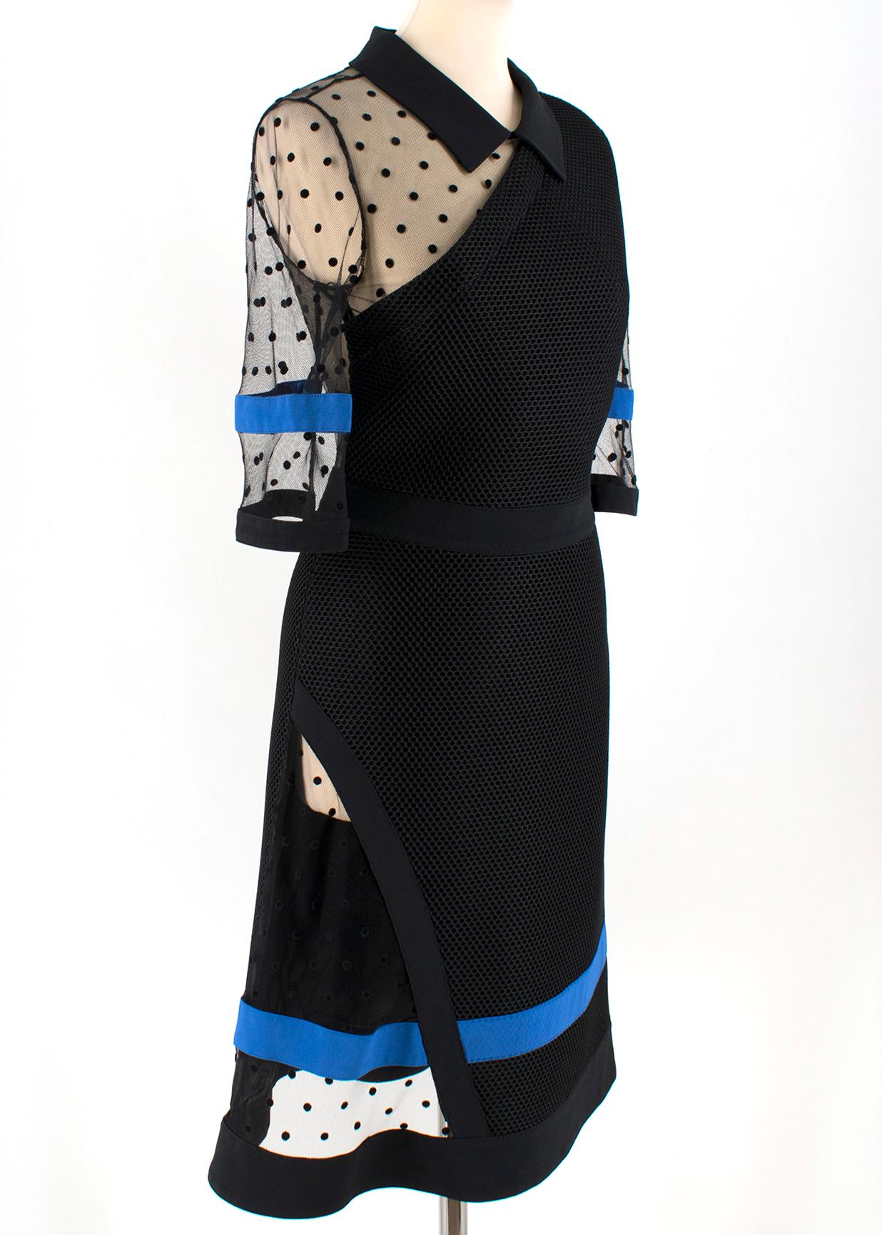 Emanuel Ungaro Black Neoprene Tulle Panelled Dress
- black mesh neoprene dress
- blue stripes to the sleeve and bottom 
- asymmetric mesh inserts to the sleeve, back and bottom 
- round collar
- zip fastening to the back, lined

Please note, these