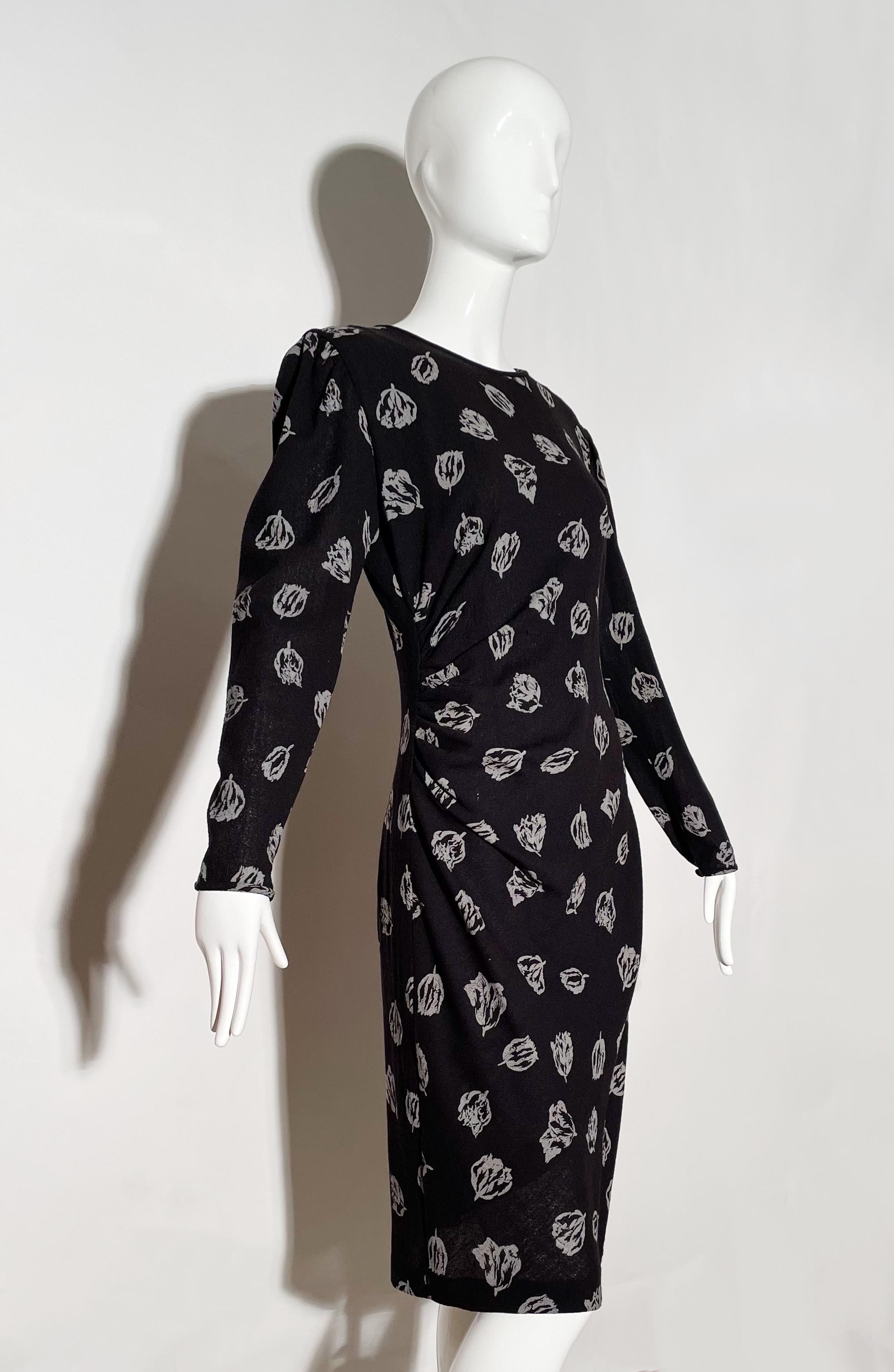 Emanuel Ungaro Black Ruched Floral Dress  In Excellent Condition For Sale In Los Angeles, CA