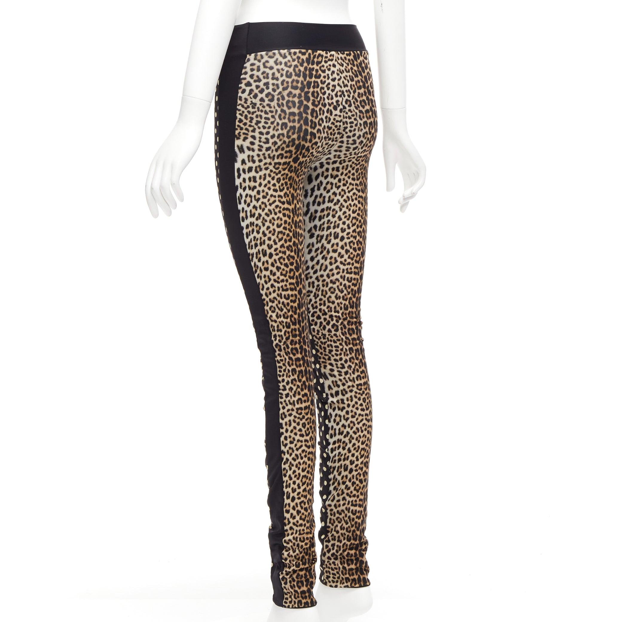 Women's EMANUEL UNGARO black white polka dot brown leopard print patch legging pants S For Sale