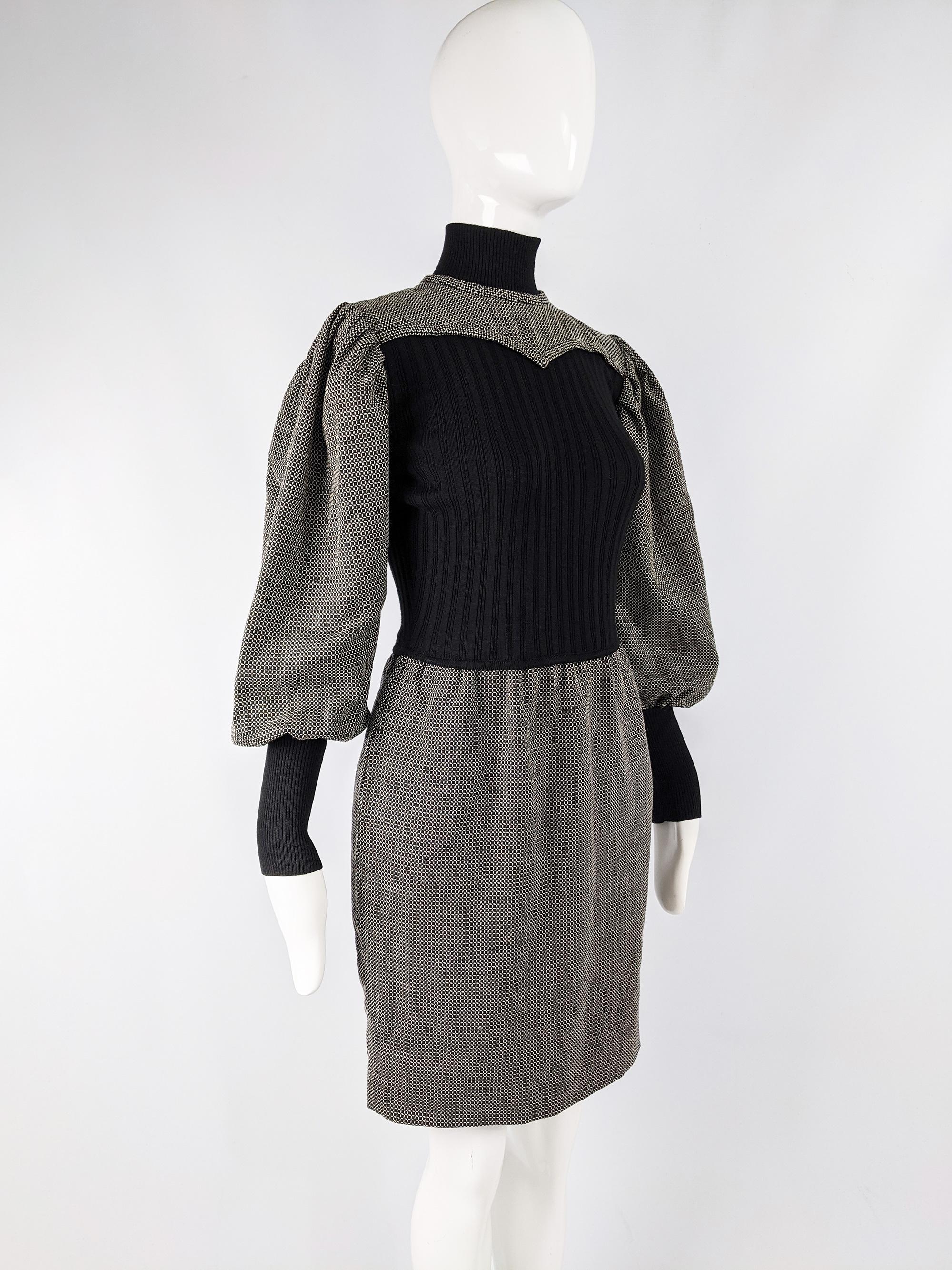 Emanuel Ungaro Black & White Puffed Sleeve Dress, 1980s In Excellent Condition For Sale In Doncaster, South Yorkshire