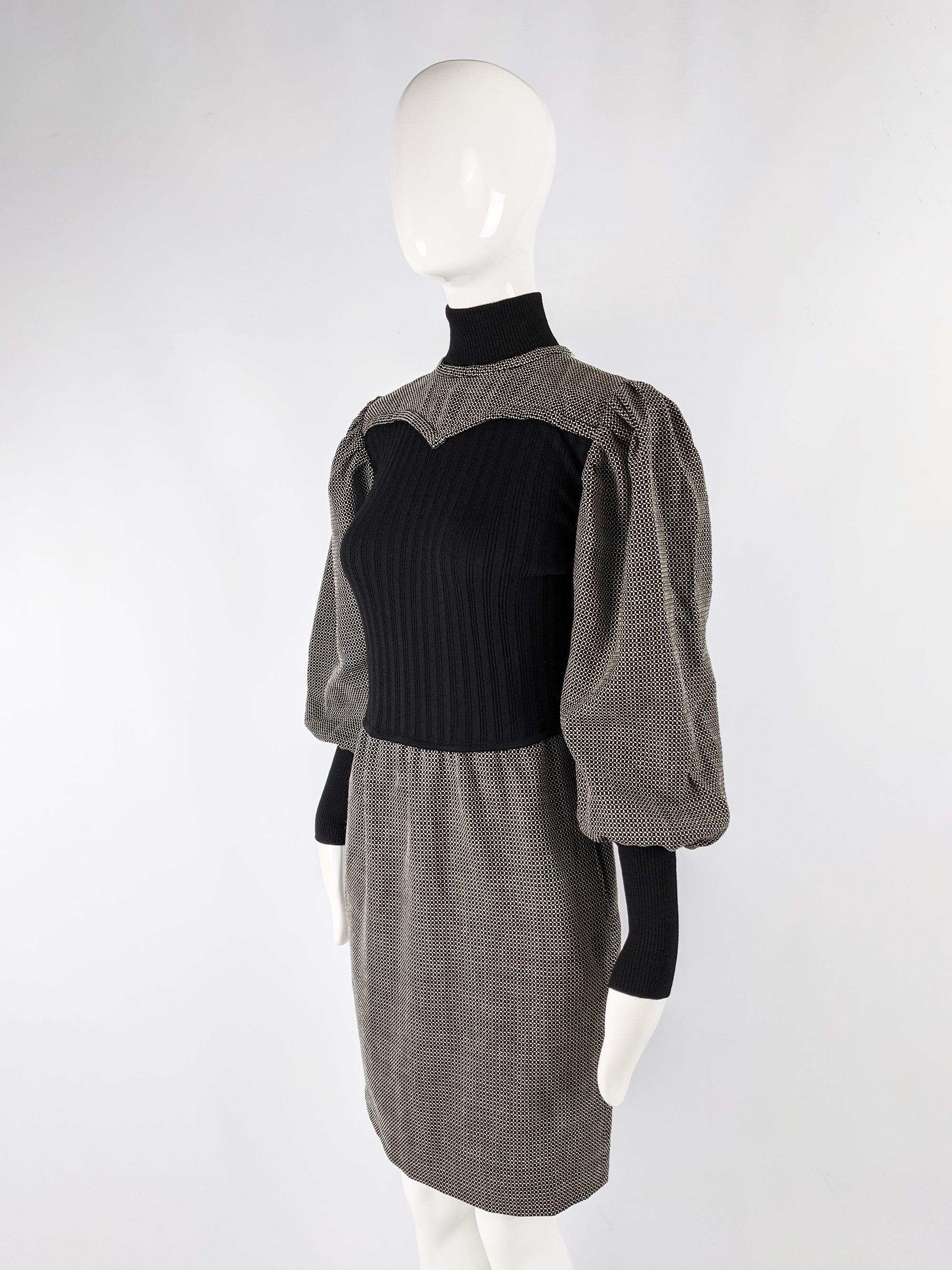 Emanuel Ungaro Black & White Puffed Sleeve Dress, 1980s For Sale 1