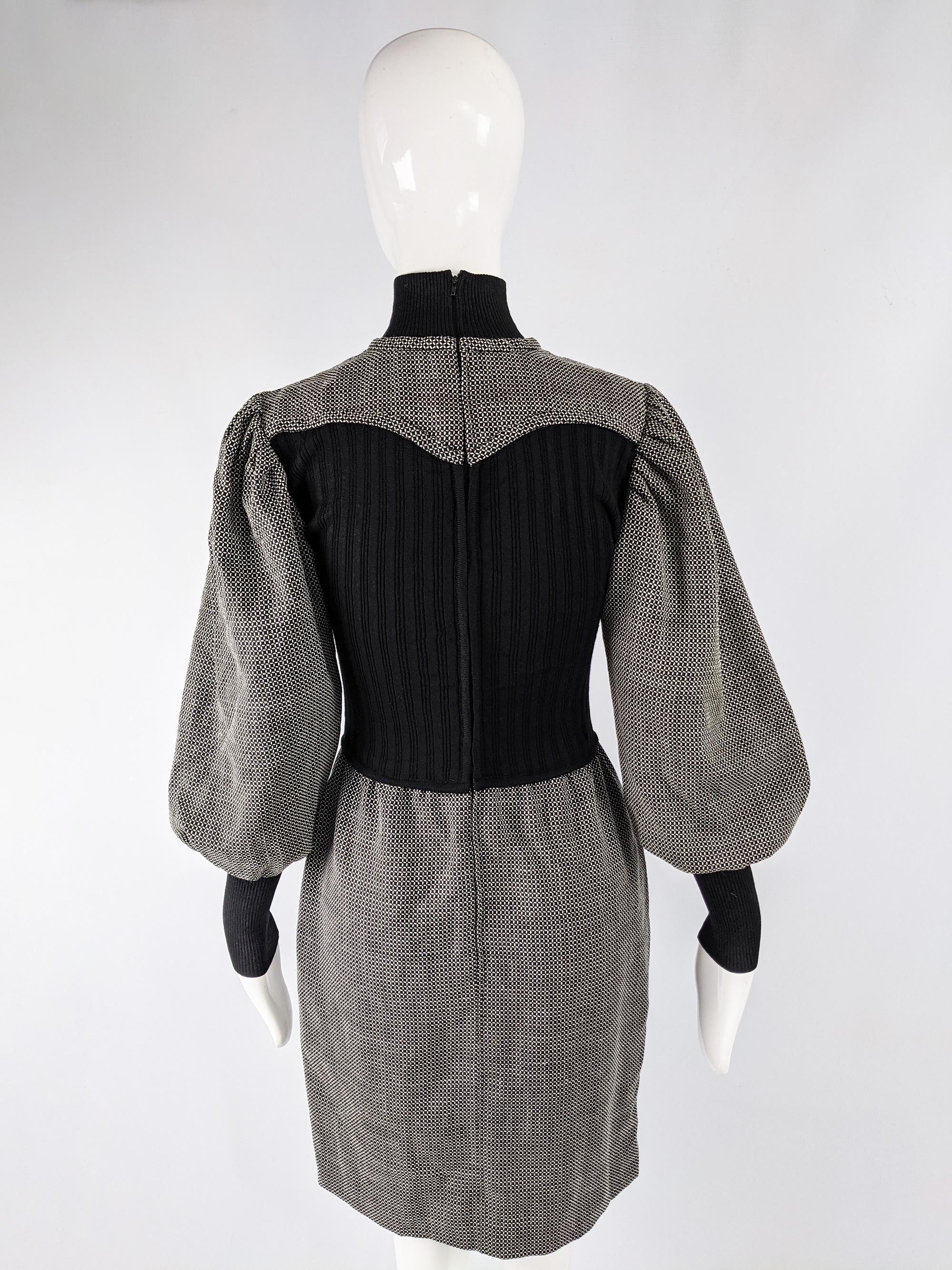 Emanuel Ungaro Black & White Puffed Sleeve Dress, 1980s For Sale 3