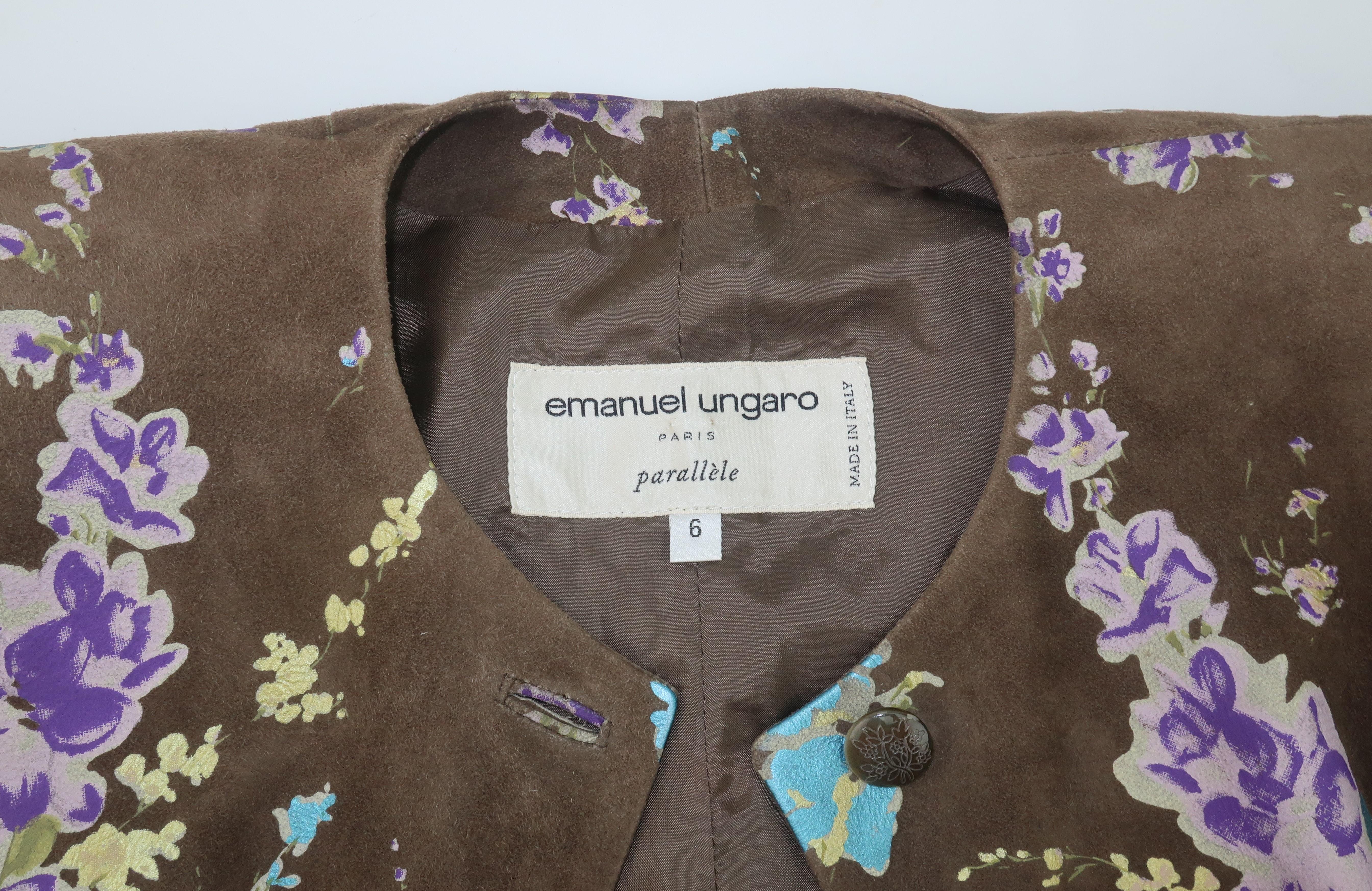 Emanuel Ungaro Brown & Floral Suede Jacket Skirt Suit, 1980's 6