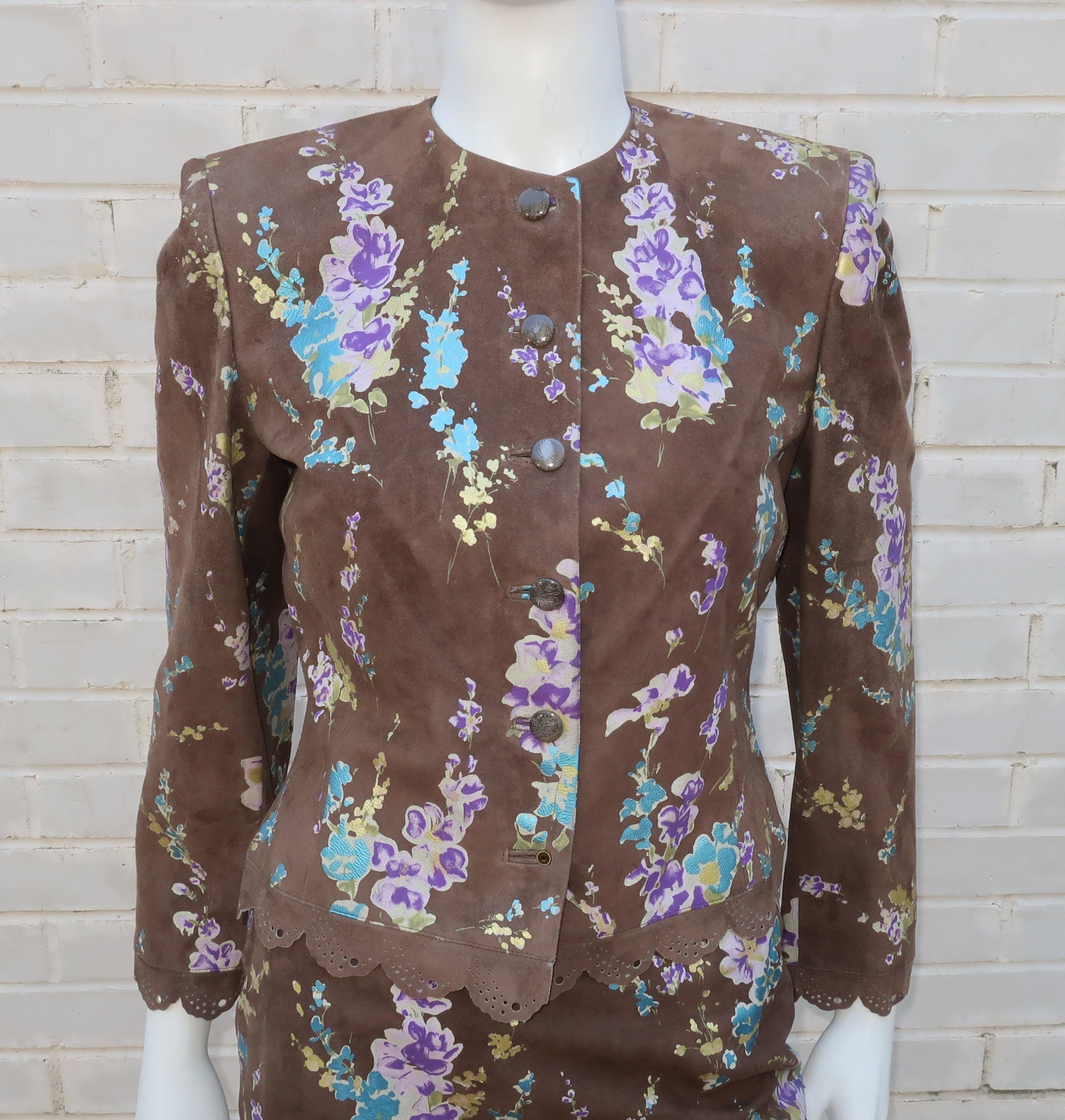Black Emanuel Ungaro Brown & Floral Suede Jacket Skirt Suit, 1980's