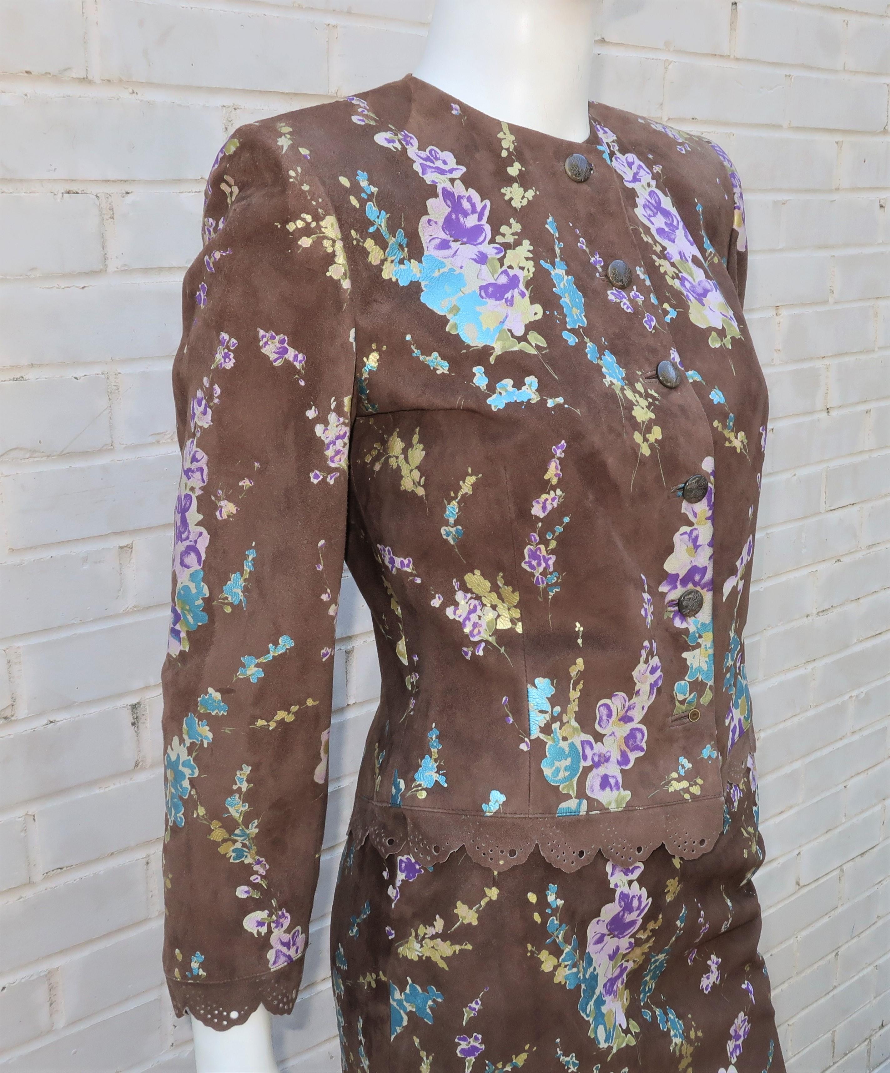 Emanuel Ungaro Brown & Floral Suede Jacket Skirt Suit, 1980's In Fair Condition In Atlanta, GA