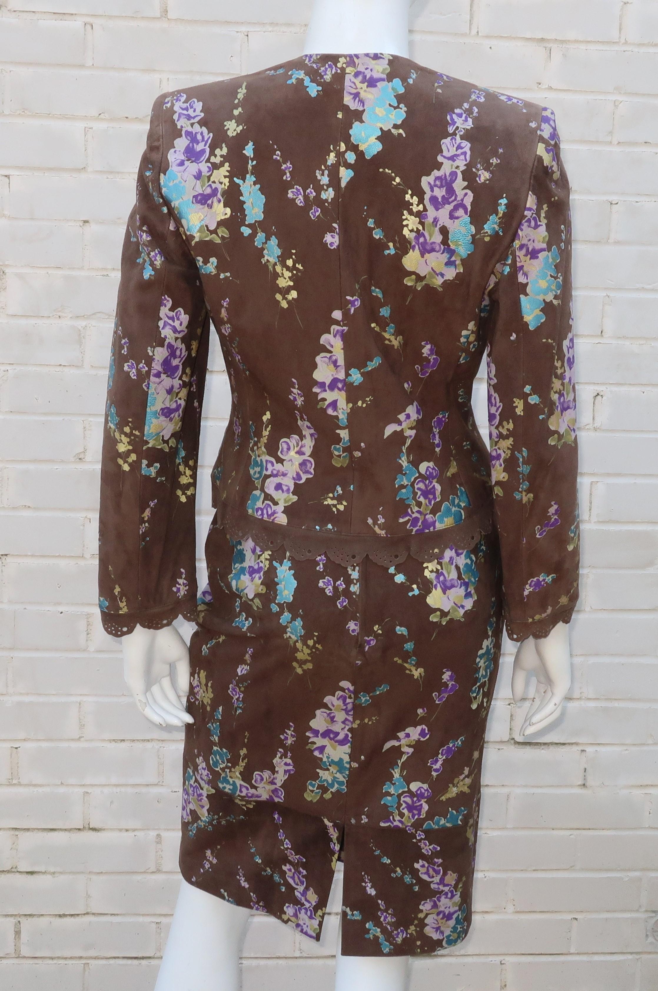 Women's Emanuel Ungaro Brown & Floral Suede Jacket Skirt Suit, 1980's