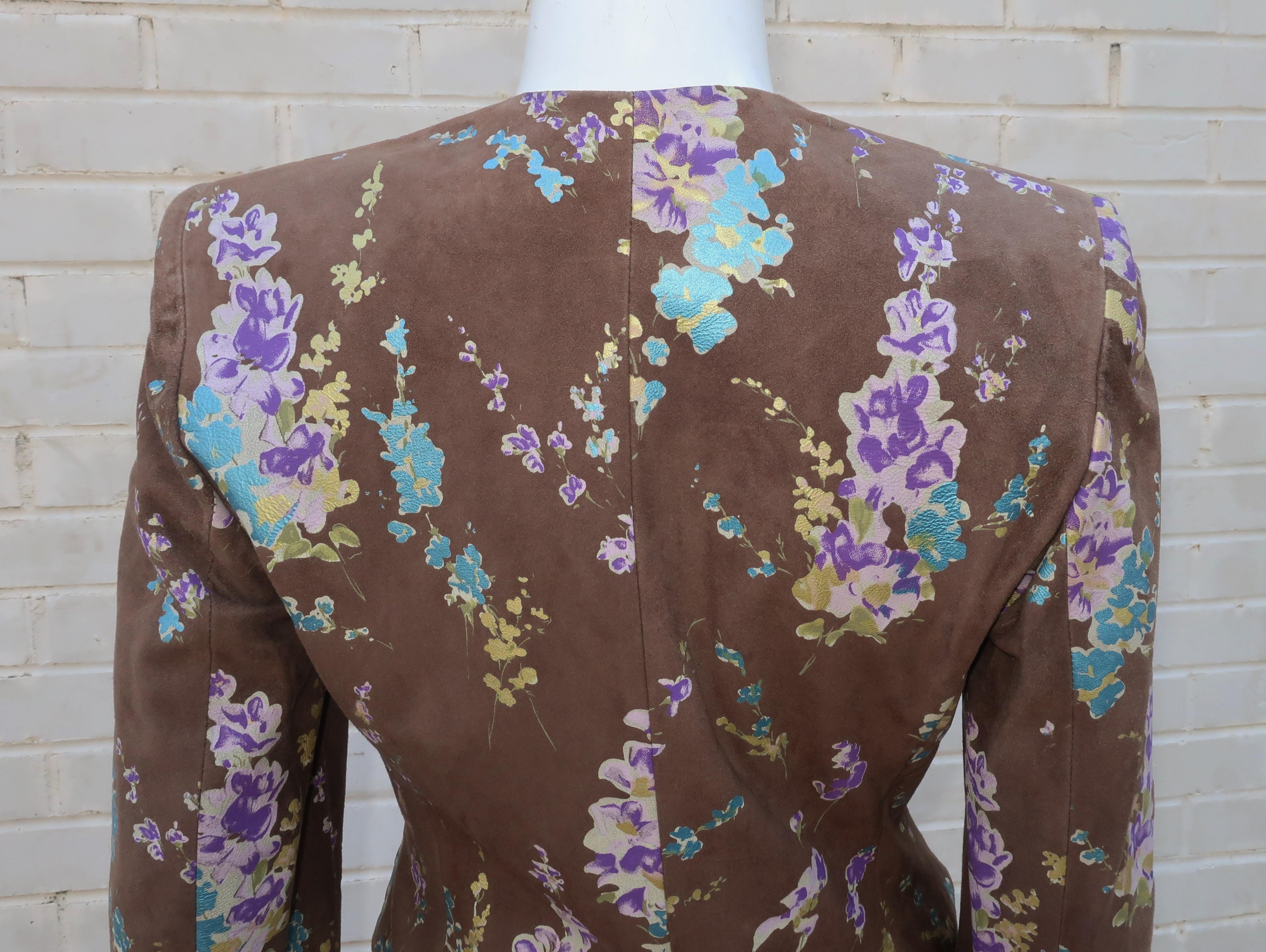 Emanuel Ungaro Brown & Floral Suede Jacket Skirt Suit, 1980's 1