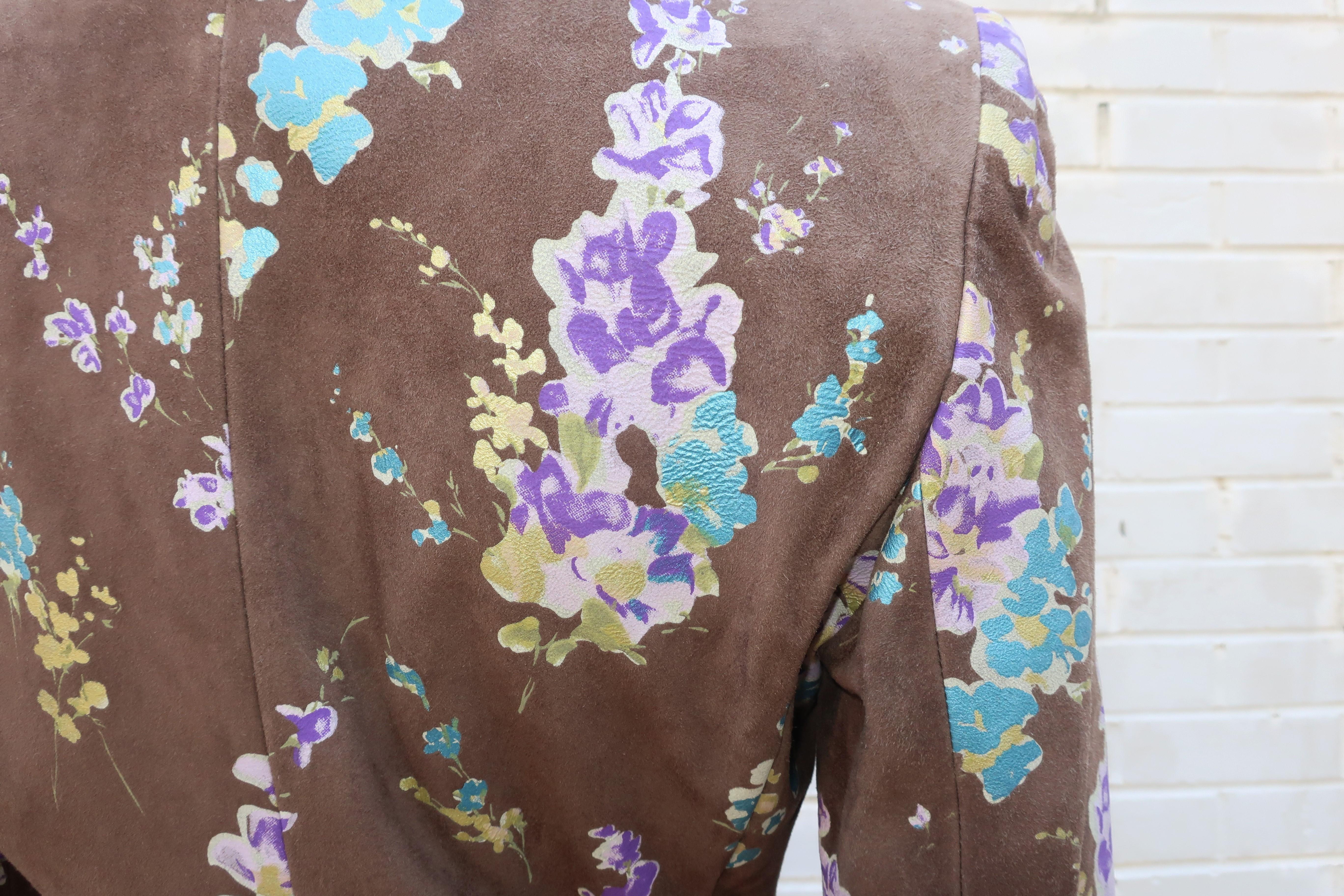 Emanuel Ungaro Brown & Floral Suede Jacket Skirt Suit, 1980's 2