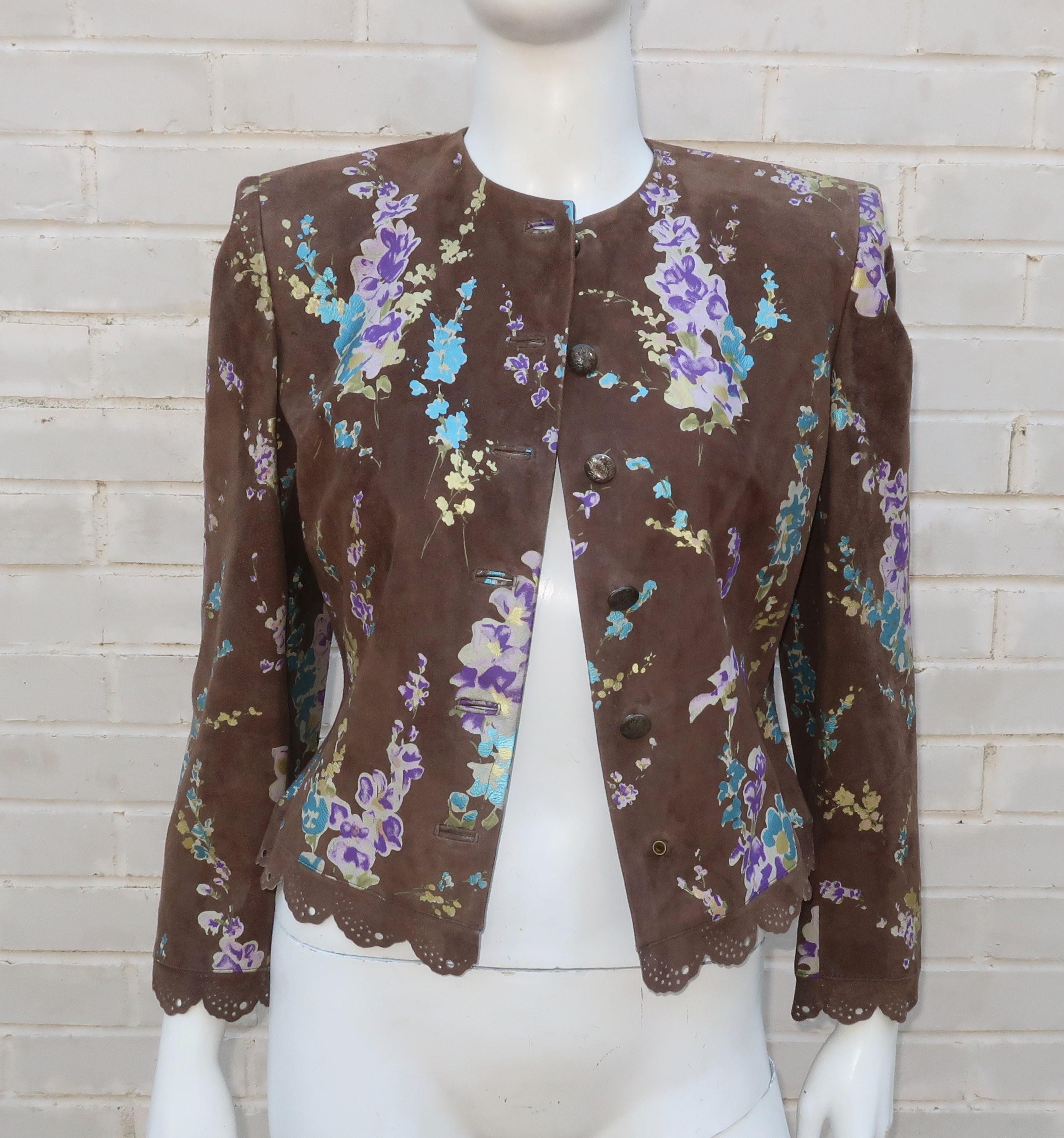 Emanuel Ungaro Brown & Floral Suede Jacket Skirt Suit, 1980's 3