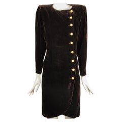 Vintage Emanuel Ungaro Brown Velvet Power Shoulder Cocktail Dress Golden Buttons 1980s