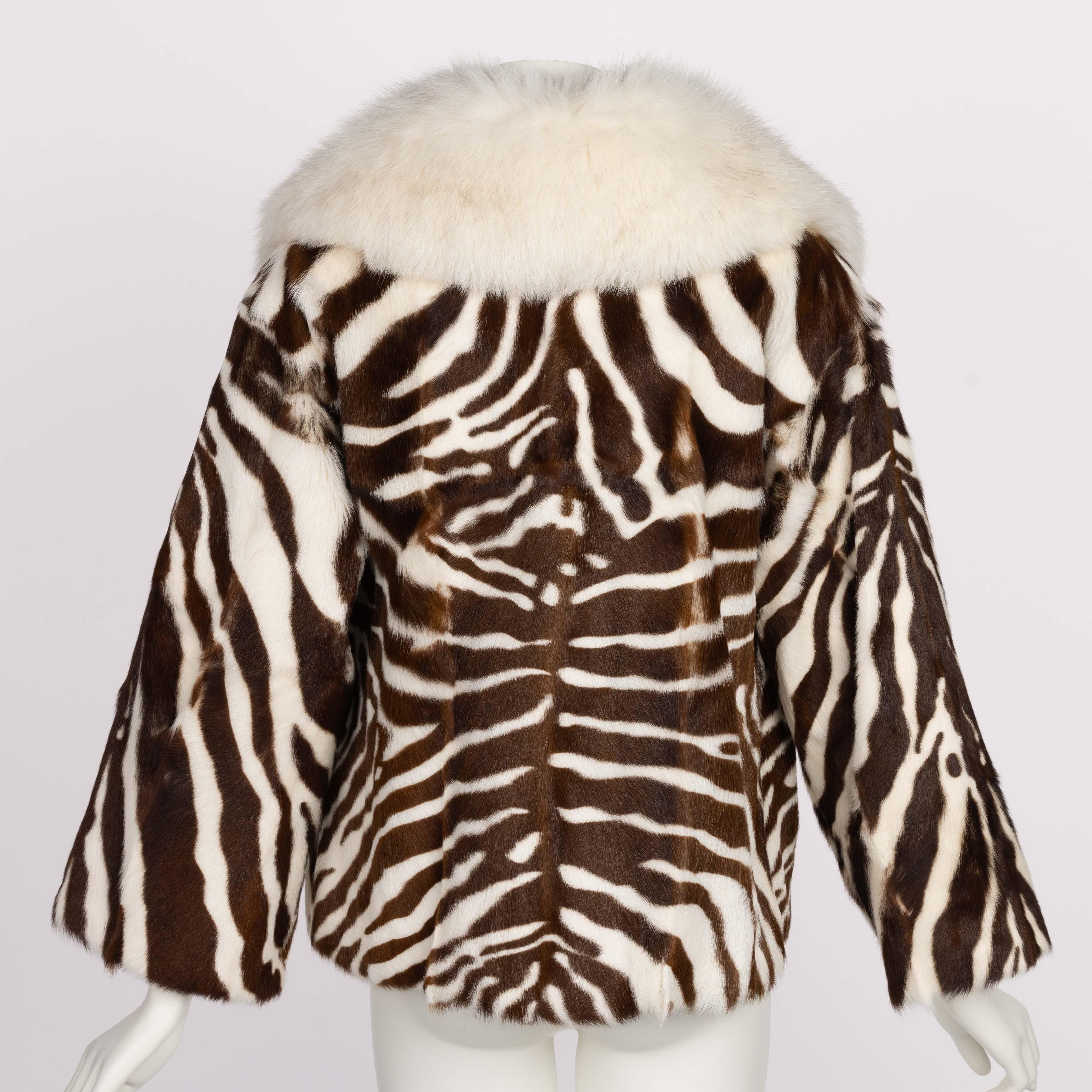 Emanuel Ungaro Braune Jacke mit Zebradruck und elfenbeinfarbenem Pelzkragen (Weiß) im Angebot