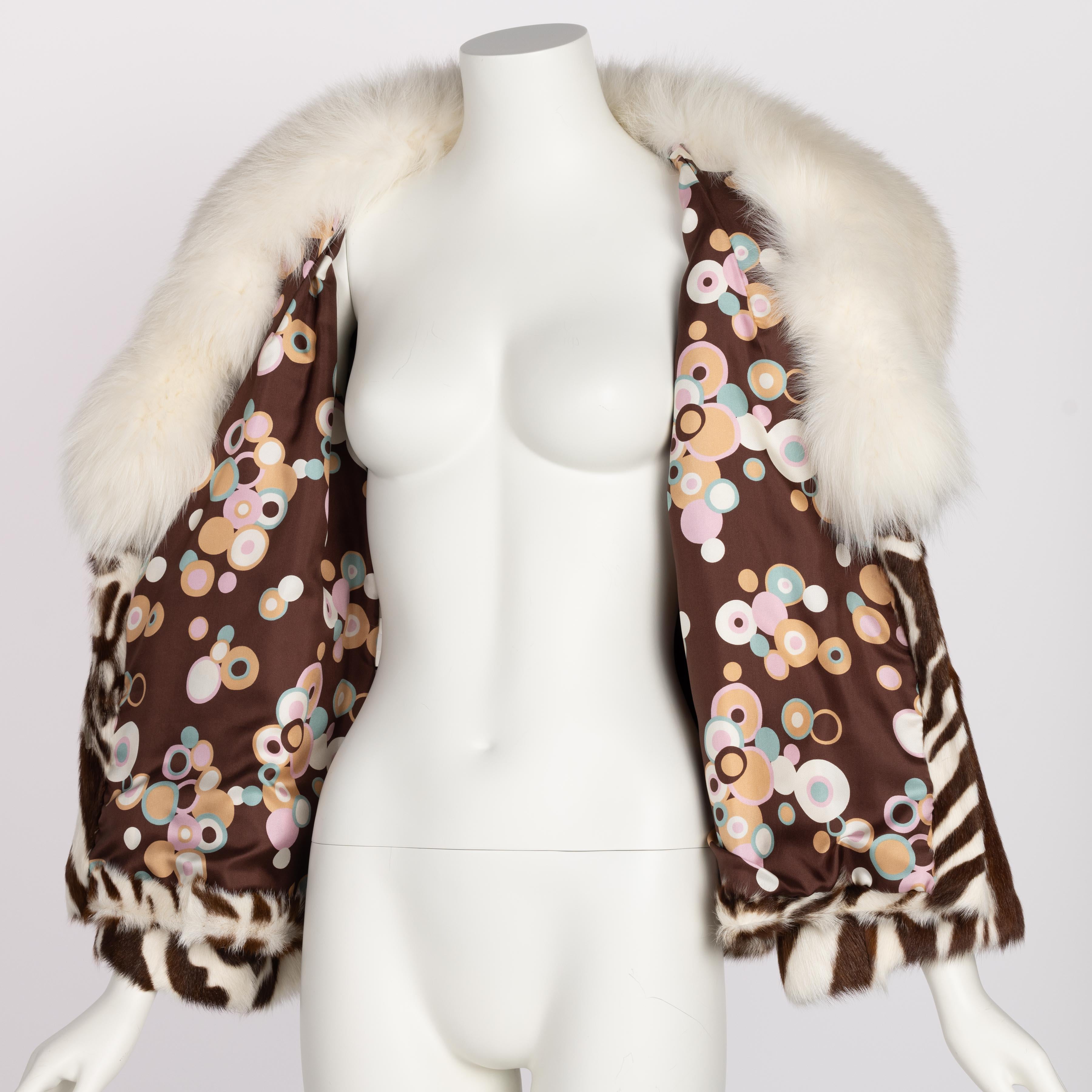 White Emanuel Ungaro Brown Zebra Print Ivory Fur Collar Jacket