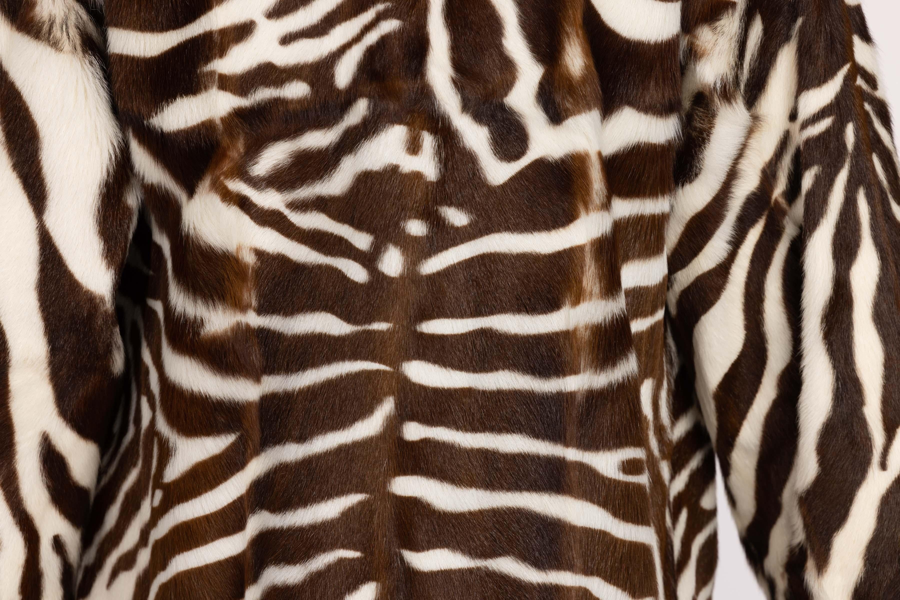 Women's or Men's Emanuel Ungaro Brown Zebra Print Ivory Fur Collar Jacket For Sale