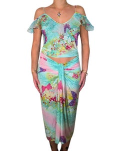 Emanuel Ungaro Circa 2000 Butterfly Print Top & Draped Skirt
