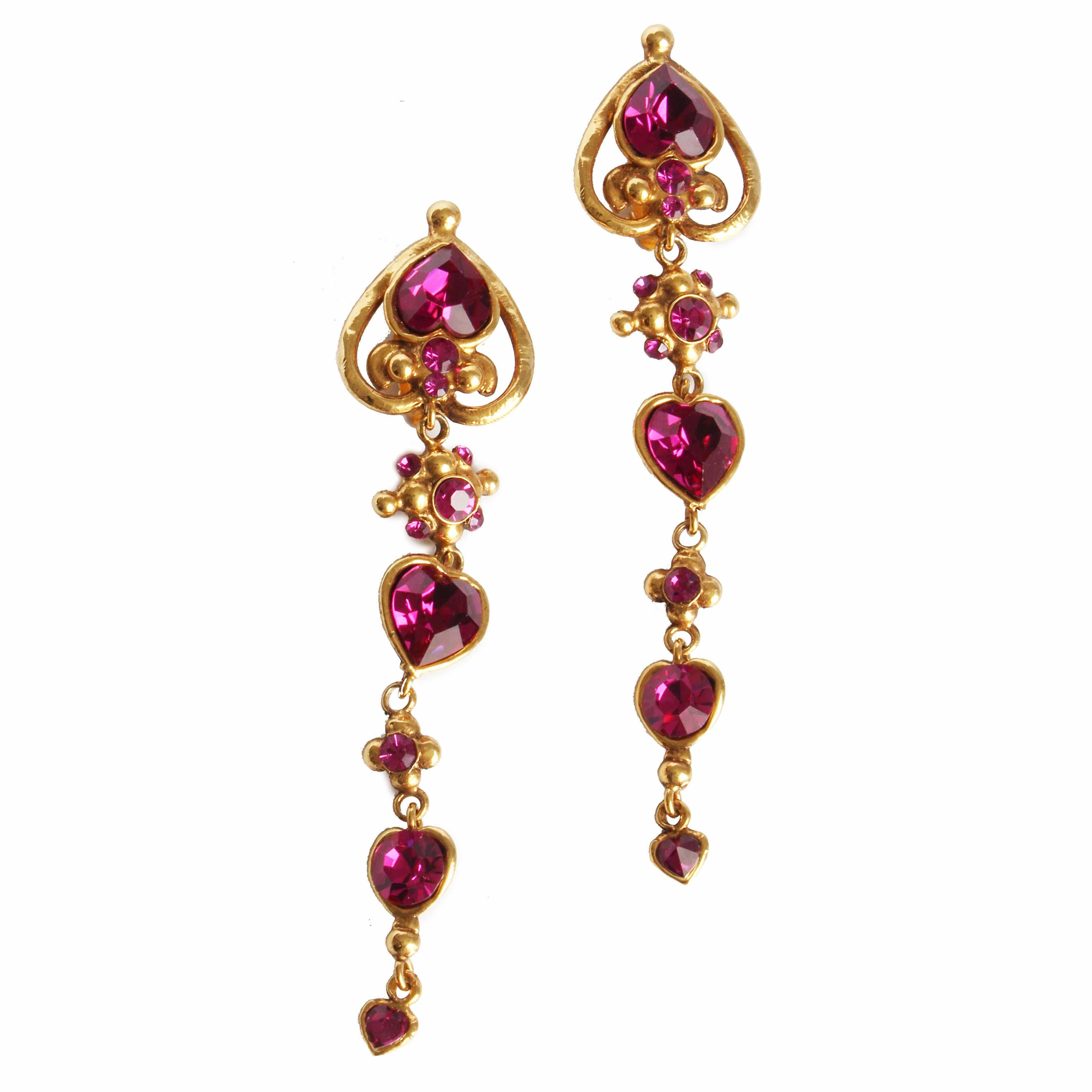 Baroque Revival Emanuel Ungaro Earrings Long Dangle Pink Crystals Baroque Oversized 5in Vintage For Sale