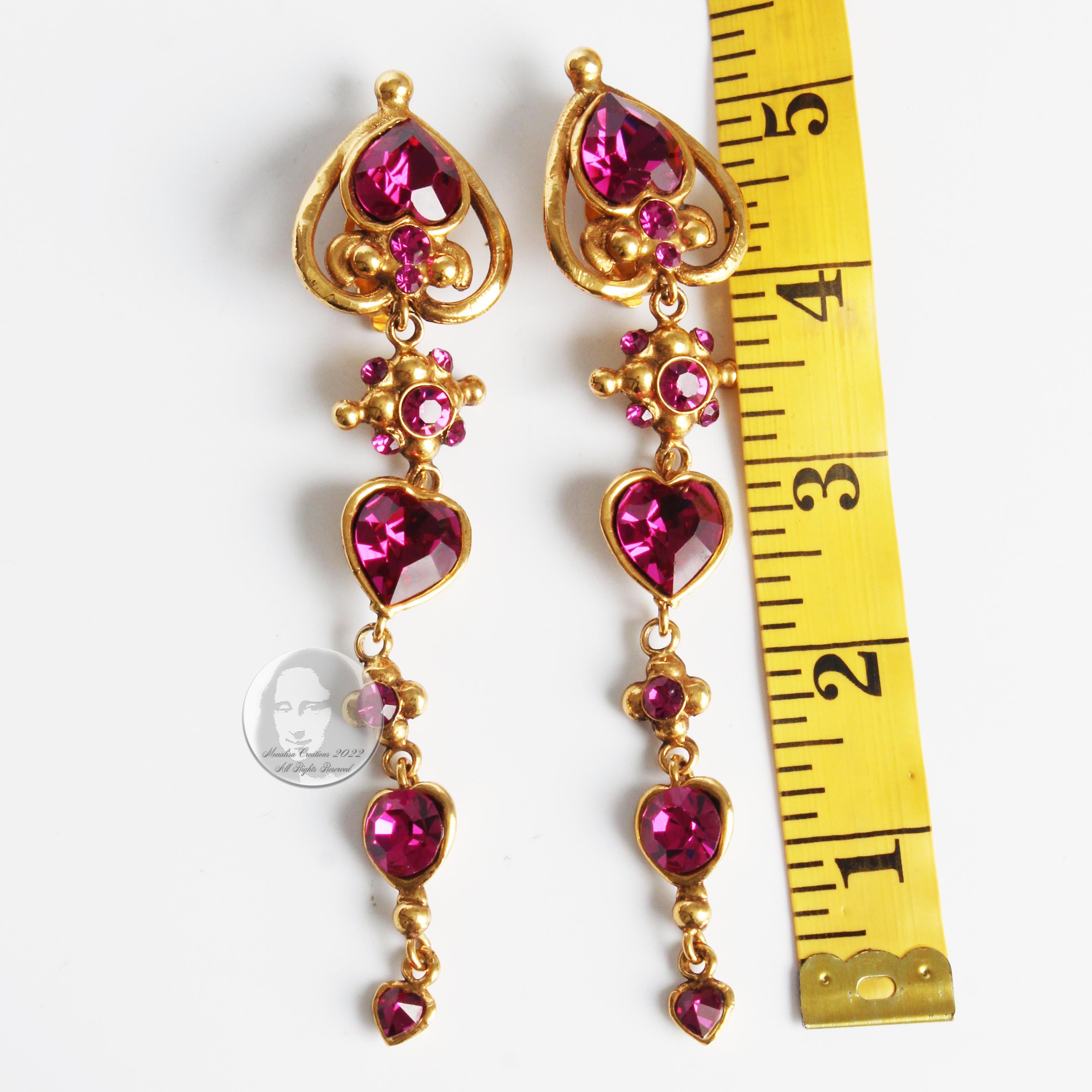 Emanuel Ungaro Earrings Long Dangle Pink Crystals Baroque Oversized 5in Vintage In Good Condition For Sale In Port Saint Lucie, FL