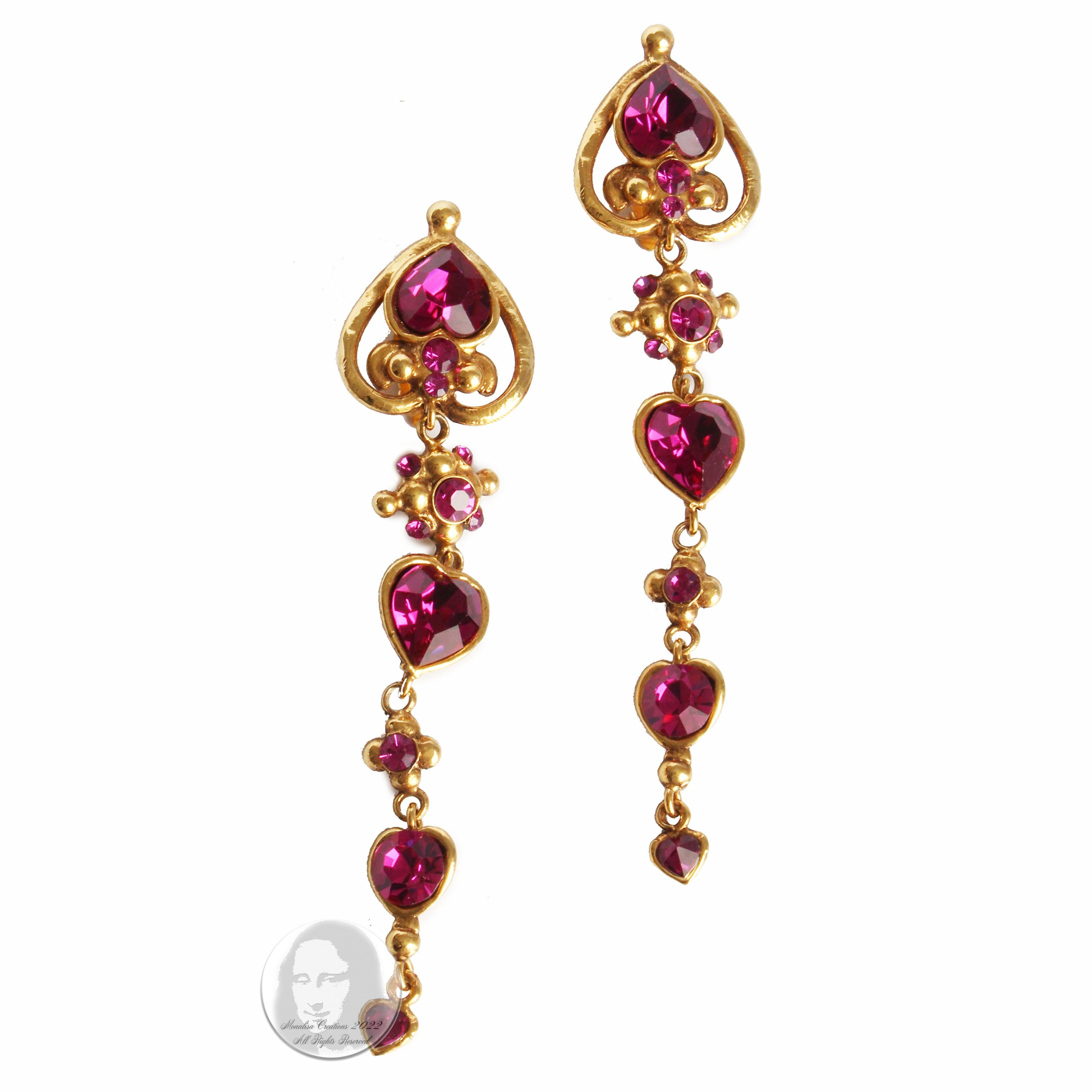 Women's or Men's Emanuel Ungaro Earrings Long Dangle Pink Crystals Baroque Oversized 5in Vintage For Sale