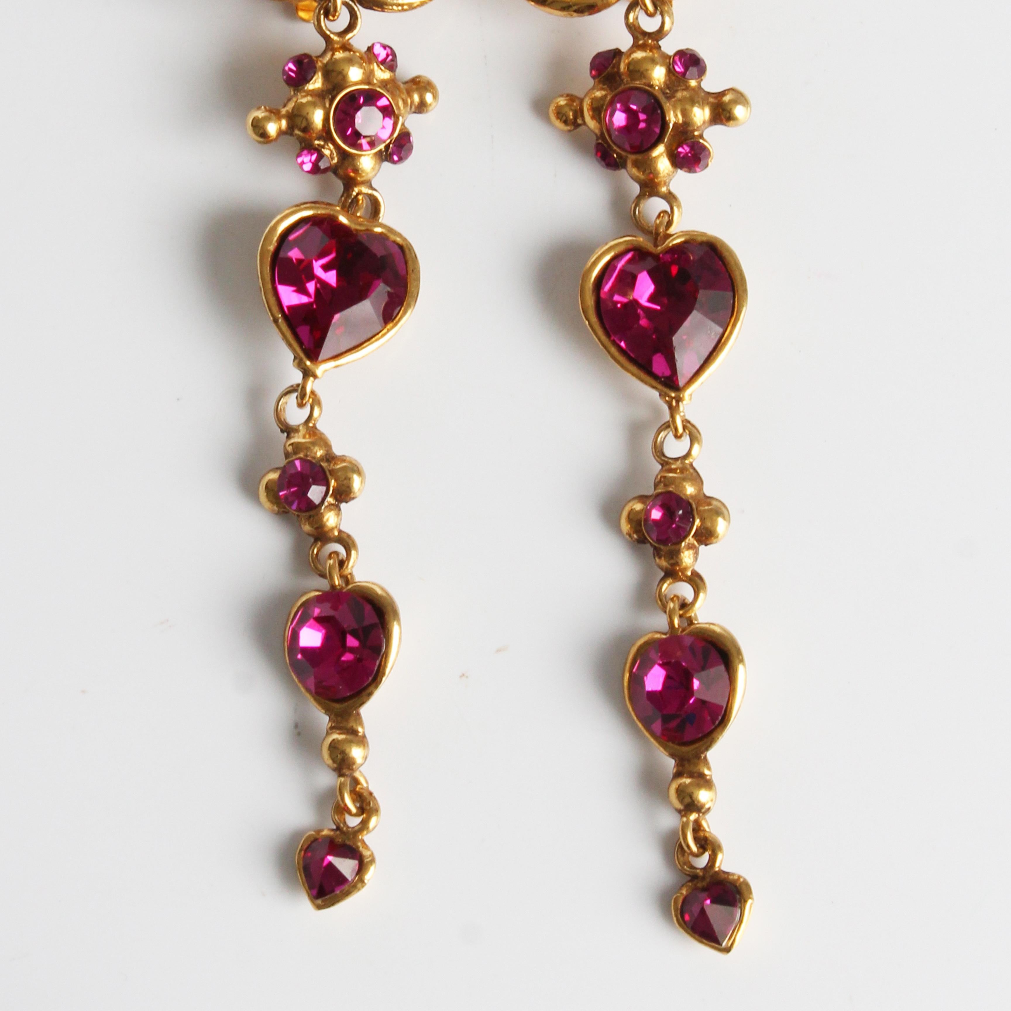 Emanuel Ungaro Earrings Long Dangle Pink Crystals Baroque Oversized 5in Vintage For Sale 1