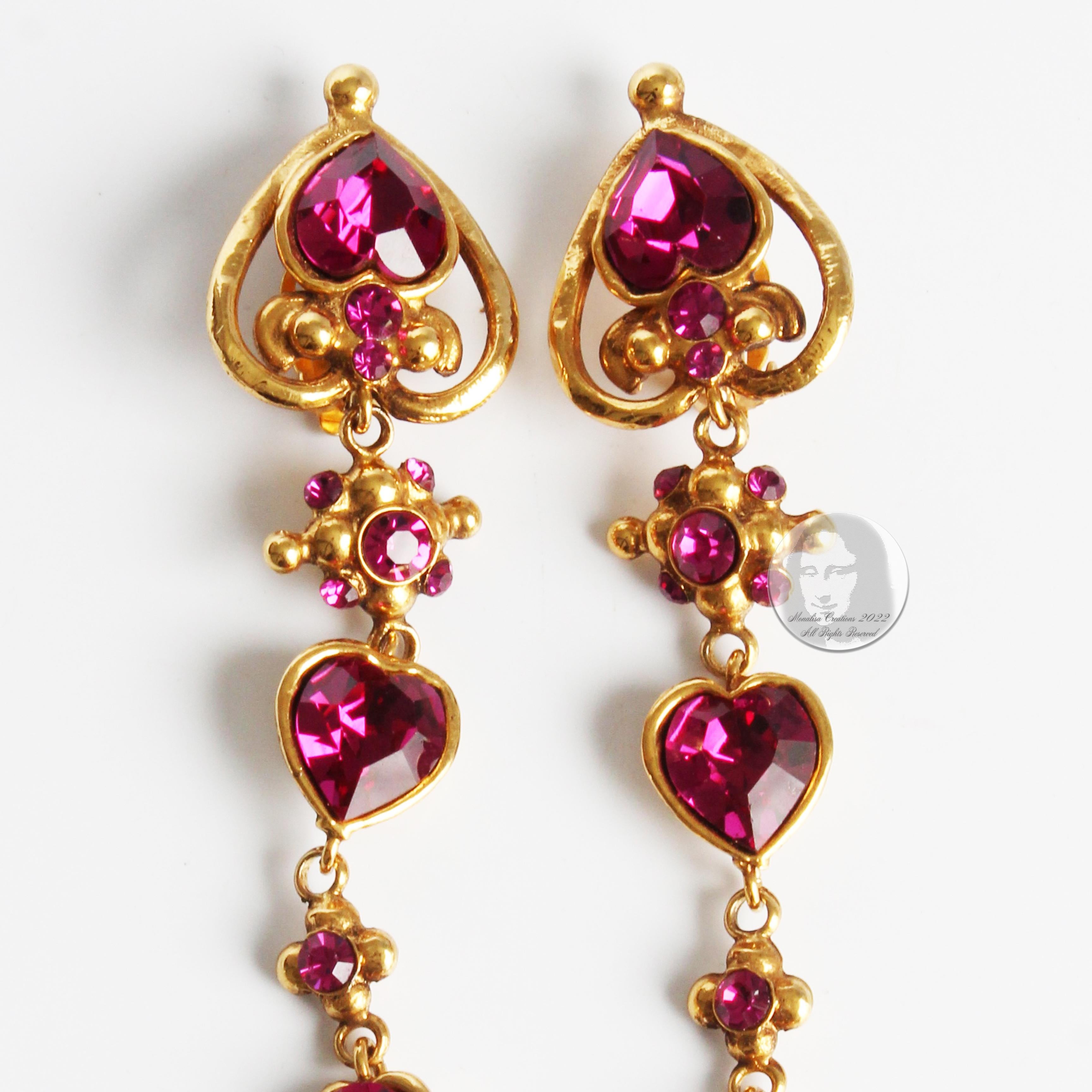 Emanuel Ungaro Earrings Long Dangle Pink Crystals Baroque Oversized 5in Vintage For Sale 2