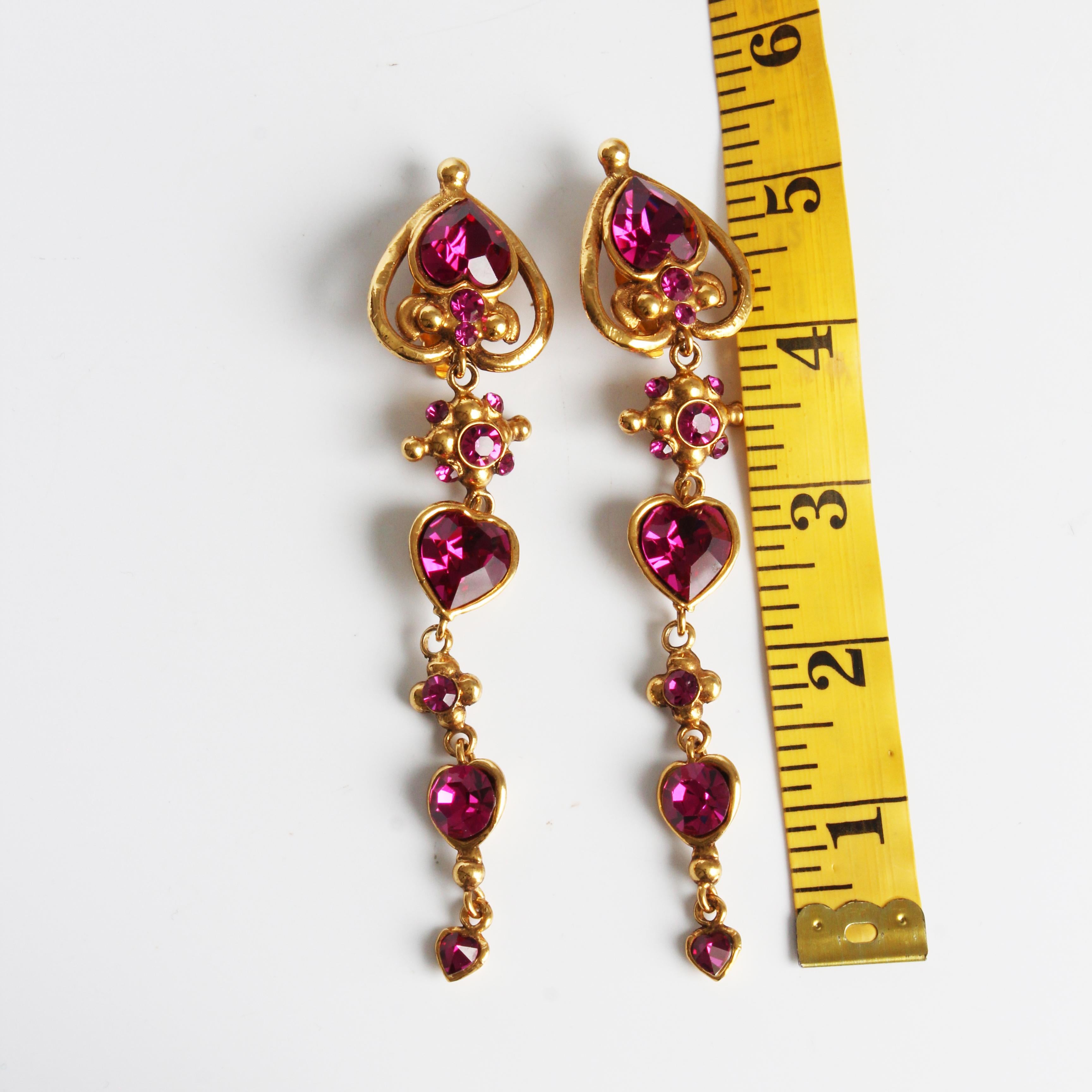 Emanuel Ungaro Earrings Long Dangle Pink Crystals Baroque Oversized 5in Vintage For Sale 2