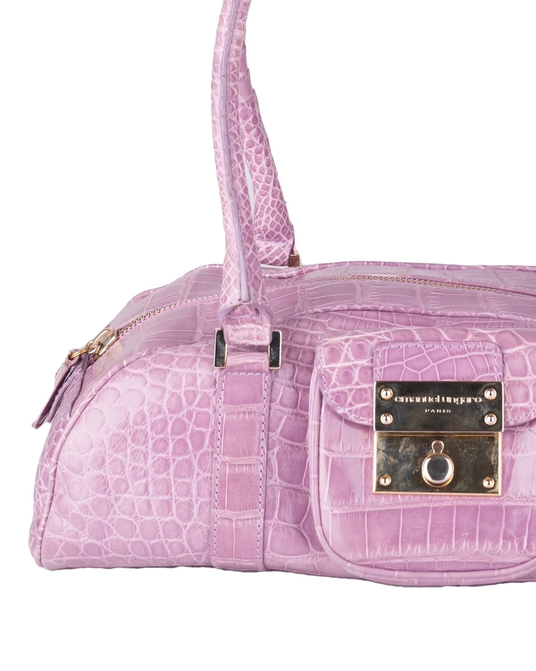 - Emanuel Ungaro by Giambattista Valli
- Sold by Gold Palms Vintage
- Fall/Winter 2004
- Pink croc-embossed leather bag
- Front pocket
- Gold metal hardware
