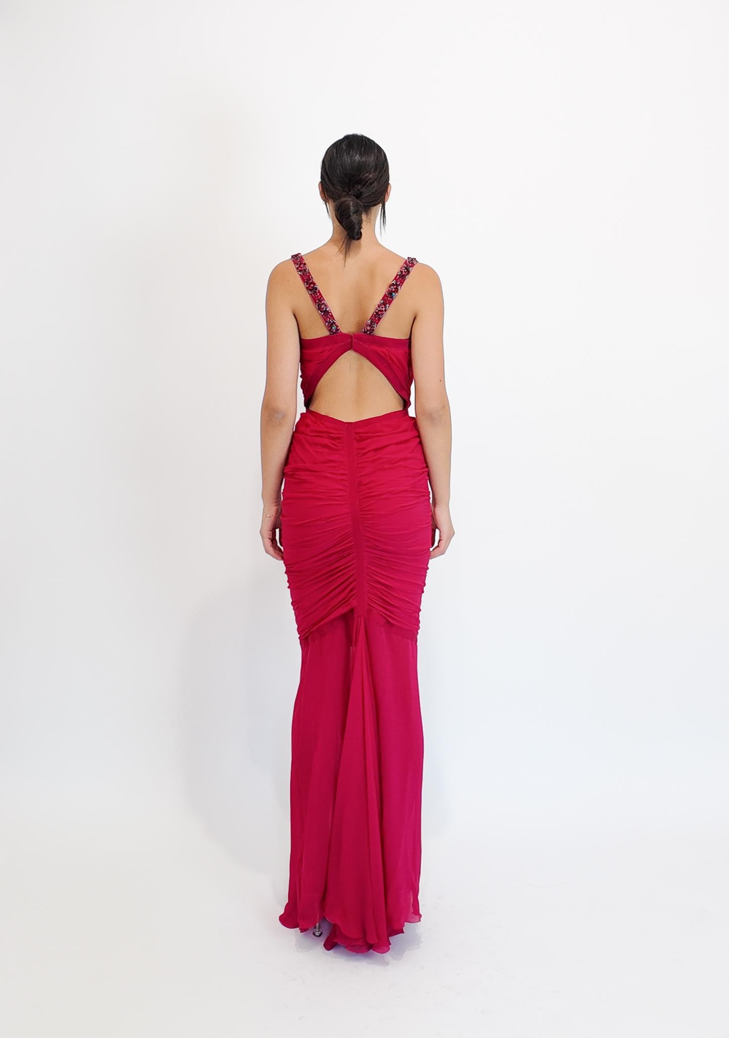 Emanuel Ungaro - Robe fuchsia à cœur sucré, froncée et ornée de perles en vente 7