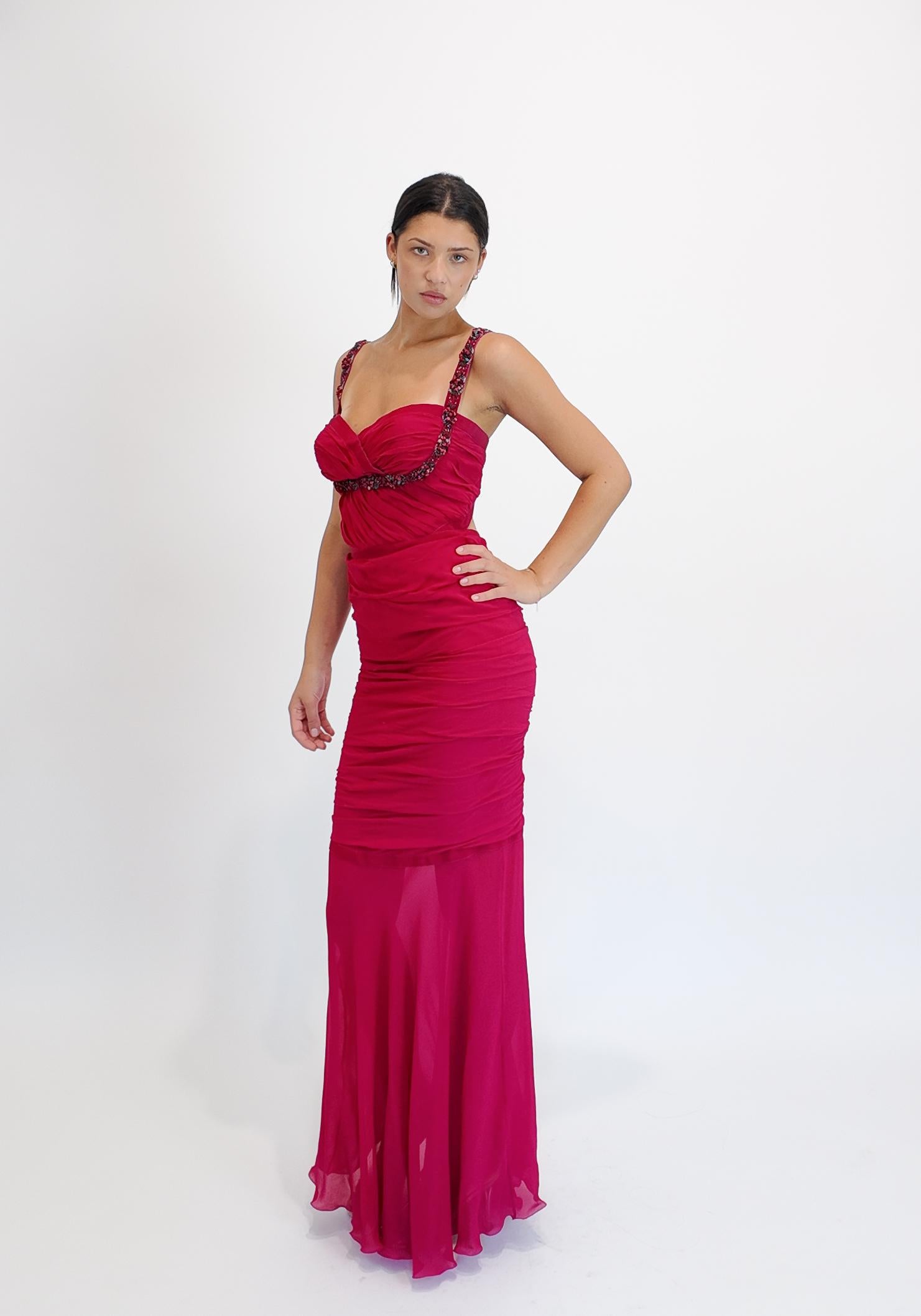 Emanuel Ungaro - Robe fuchsia à cœur sucré, froncée et ornée de perles Pour femmes en vente