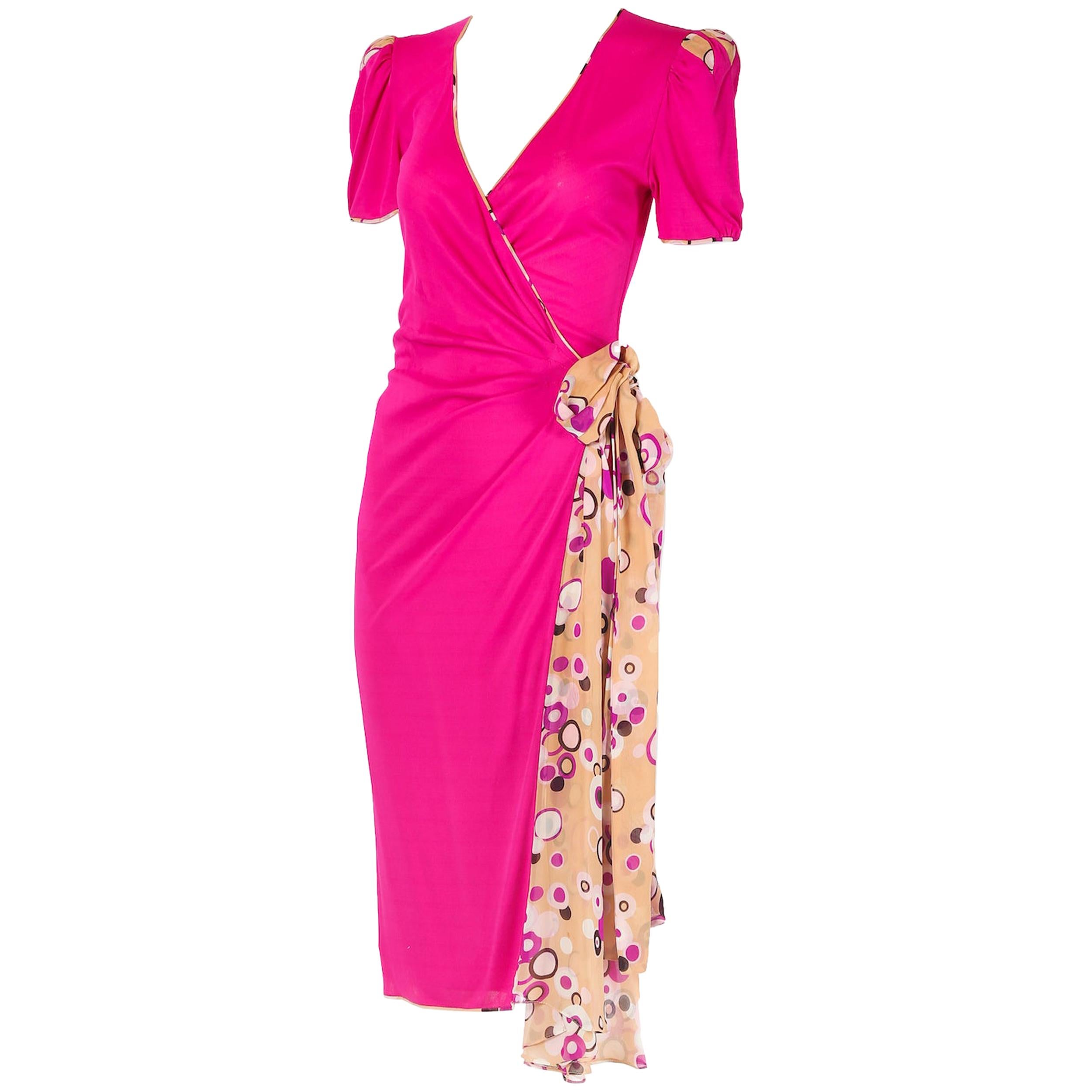 Robe Vintage EMANUEL UNGARO 1985 - Taille FR40, Soie Crêpe Fuchsia, Style Cache-Cœur Midi, Occasion
