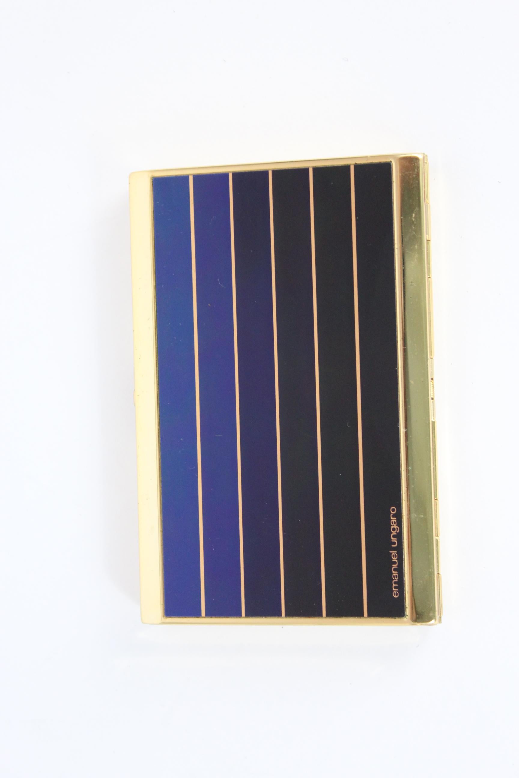 Gray Emanuel Ungaro Gold Blue Metal Pinstripe Vintage Cigarette Case 1980s