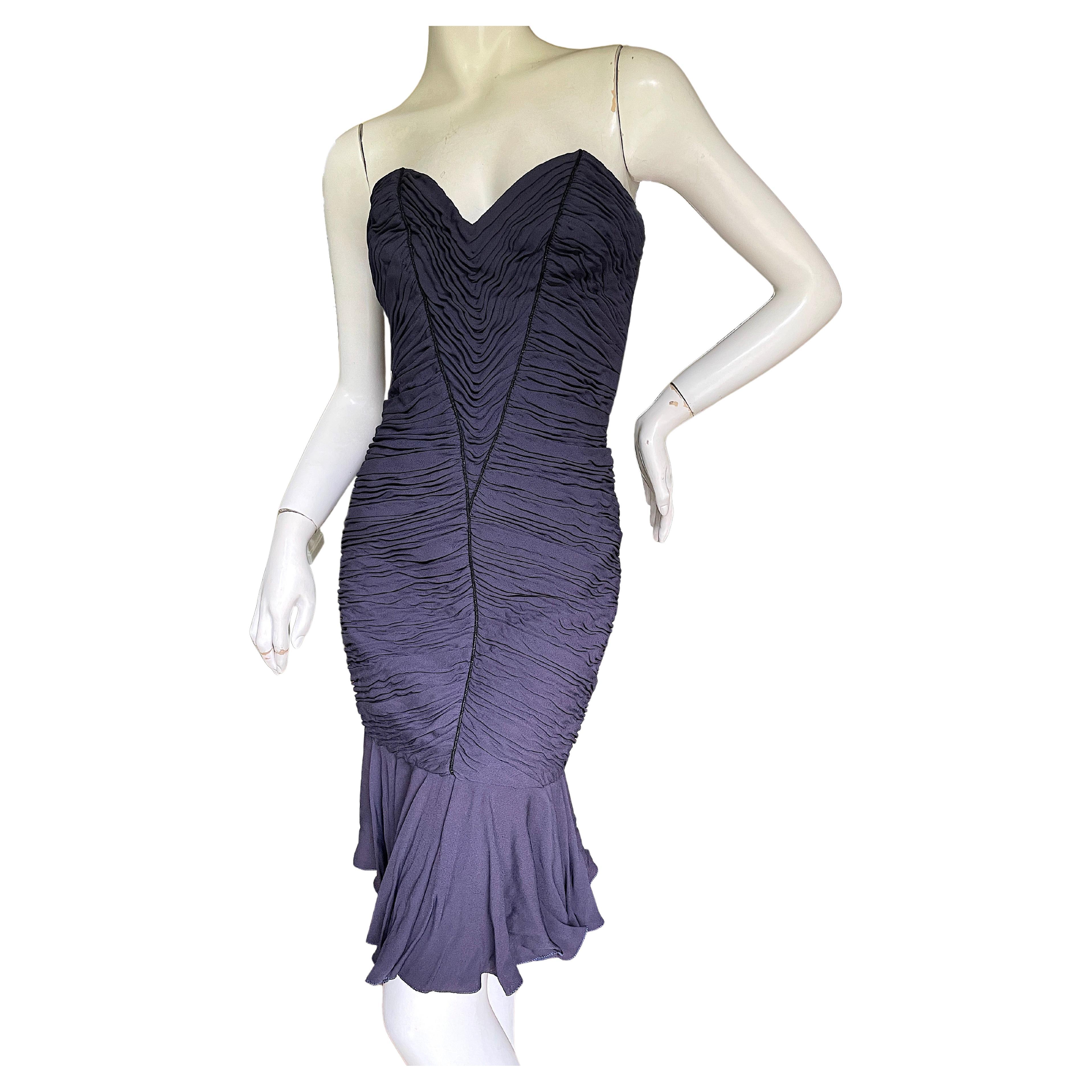 Emanuel Ungaro Haute Couture 1986 Navy Blue Pleated Cocktail Dress w Flounce Hem For Sale