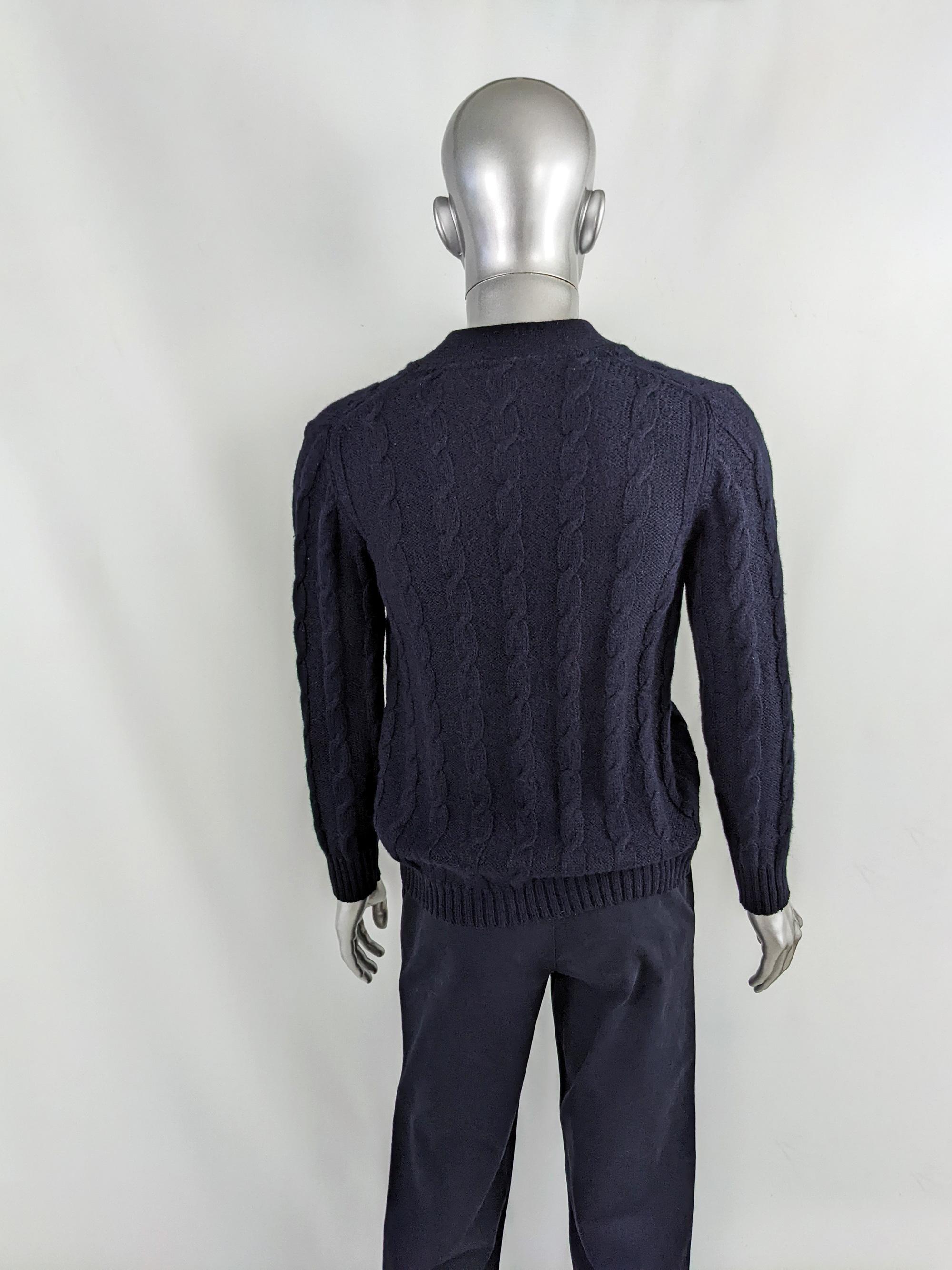 Emanuel Ungaro Mens Vintage Dark Blue Wool Cable Knit Cardigan Sweater, 1980s In Excellent Condition In Doncaster, South Yorkshire