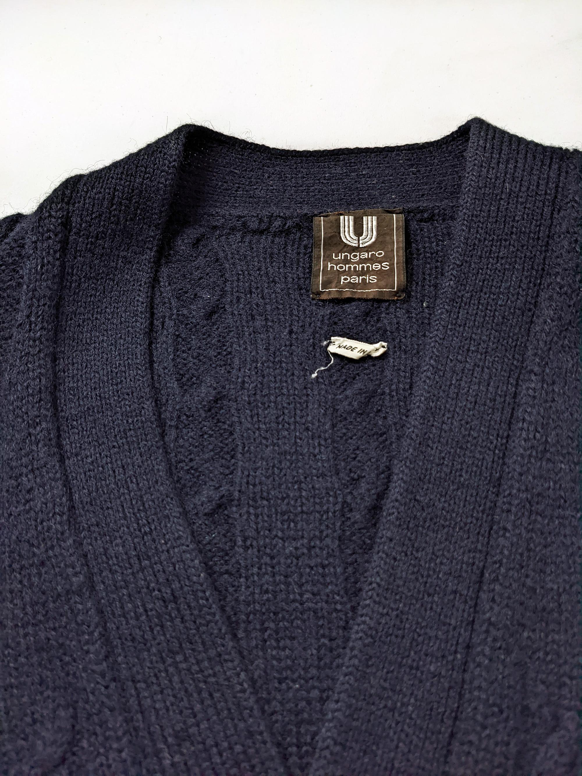 Men's Emanuel Ungaro Mens Vintage Dark Blue Wool Cable Knit Cardigan Sweater, 1980s