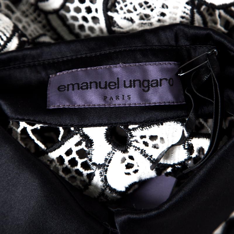 Emanuel Ungaro Monochrome Floral Lace Cut Out Bodice Silk Blouse S 2