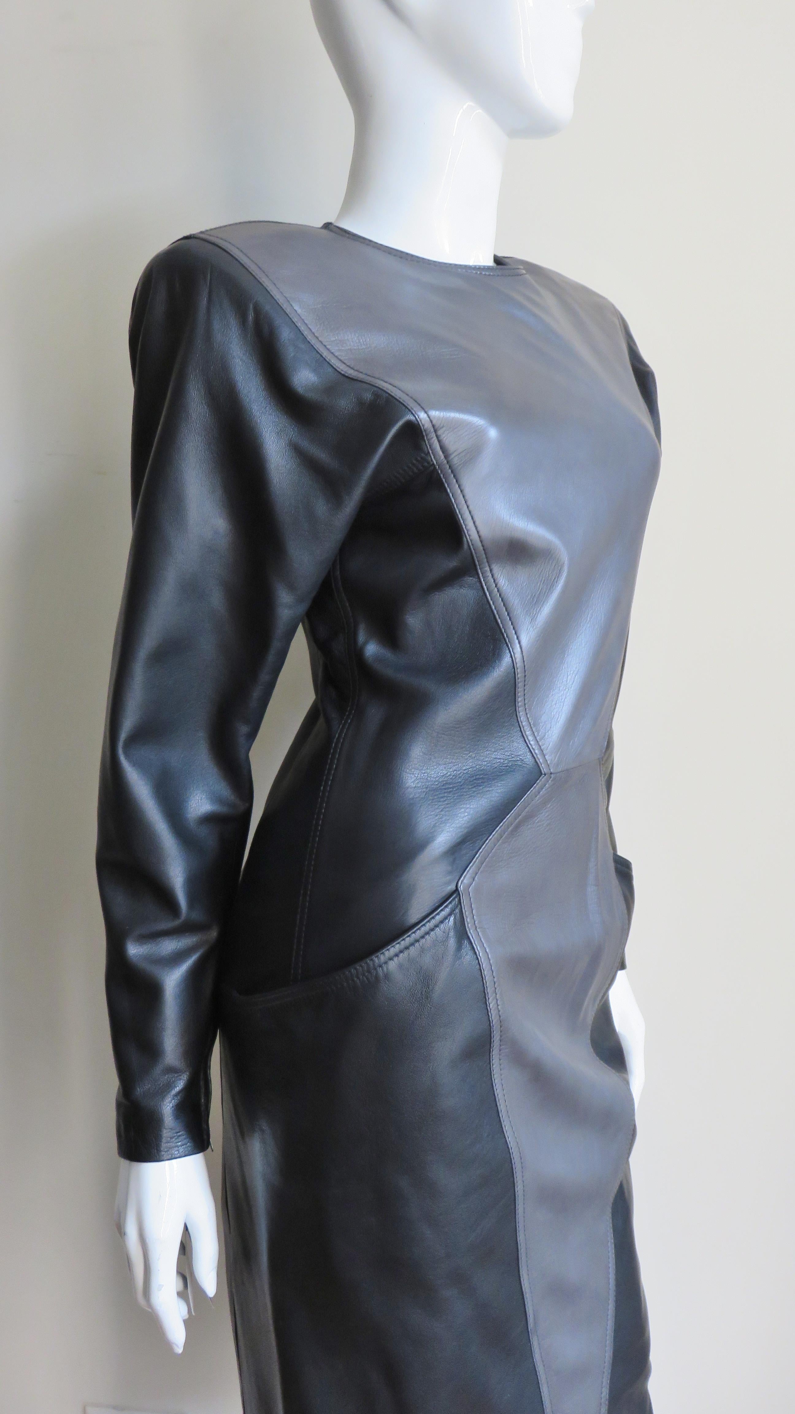 Emanuel Ungaro New Leather Color Block Dress 1980s For Sale 3