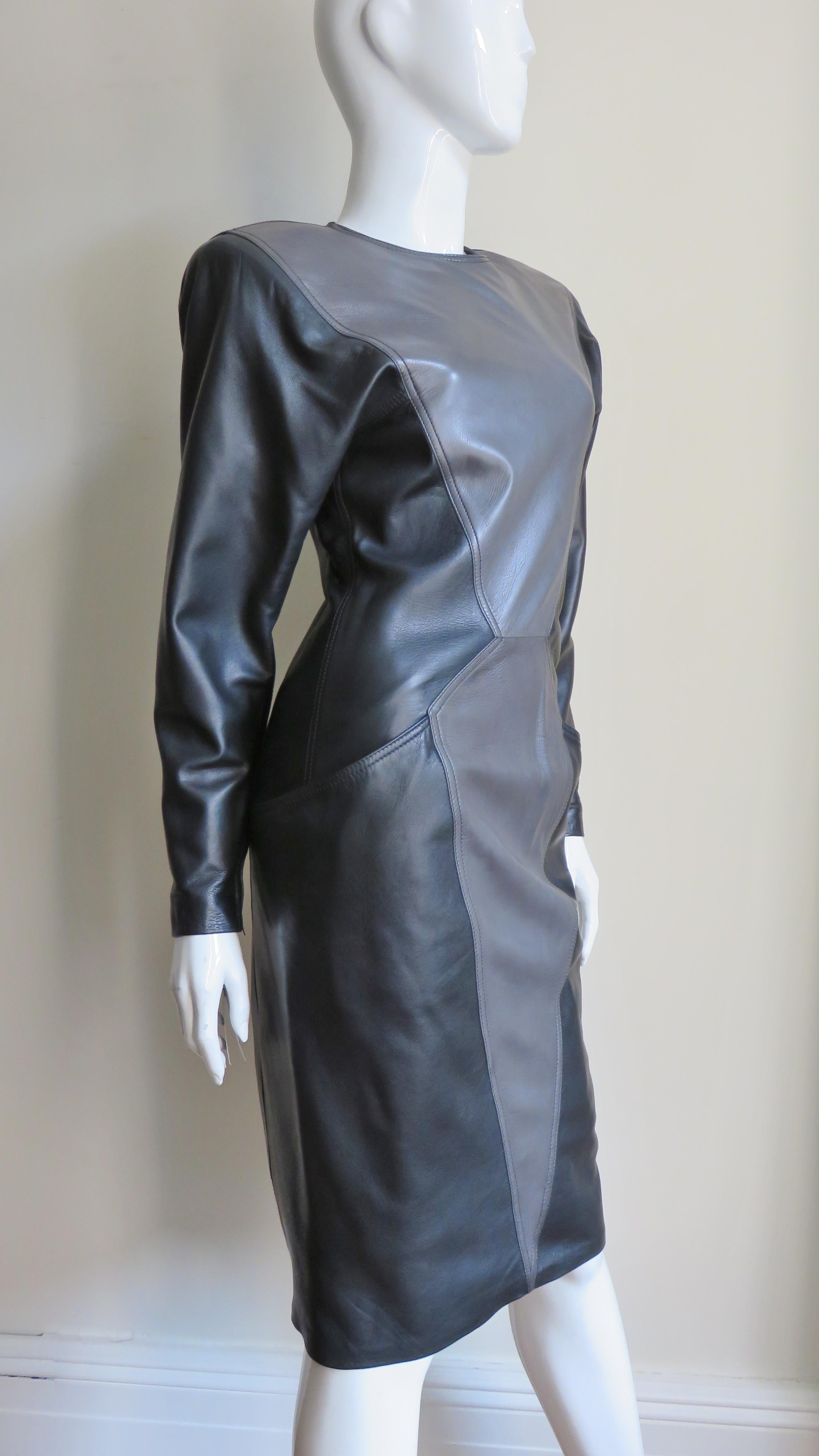 Emanuel Ungaro New Leather Color Block Dress 1980s For Sale 4