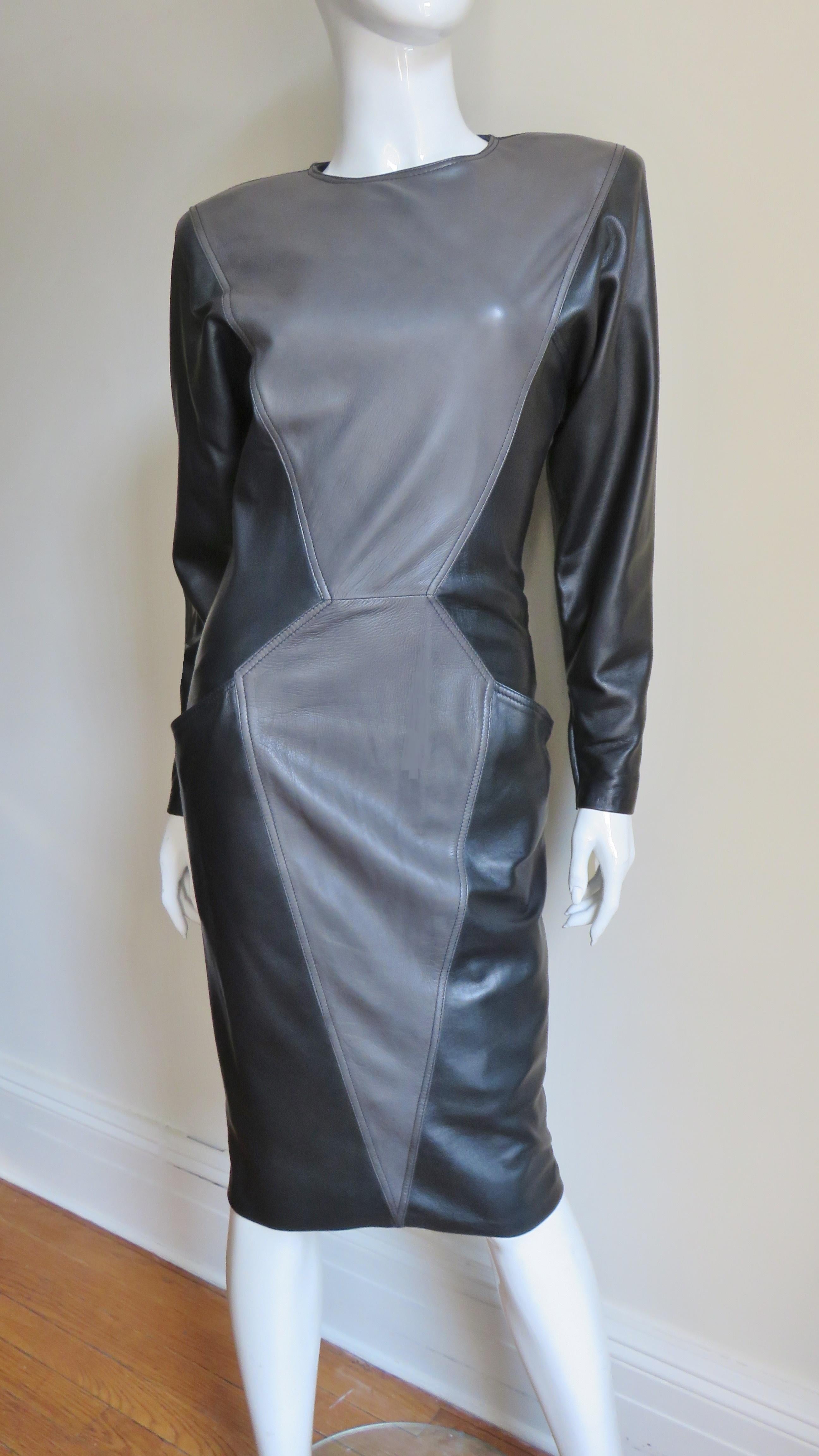 Emanuel Ungaro New Leather Color Block Dress 1980s For Sale 6