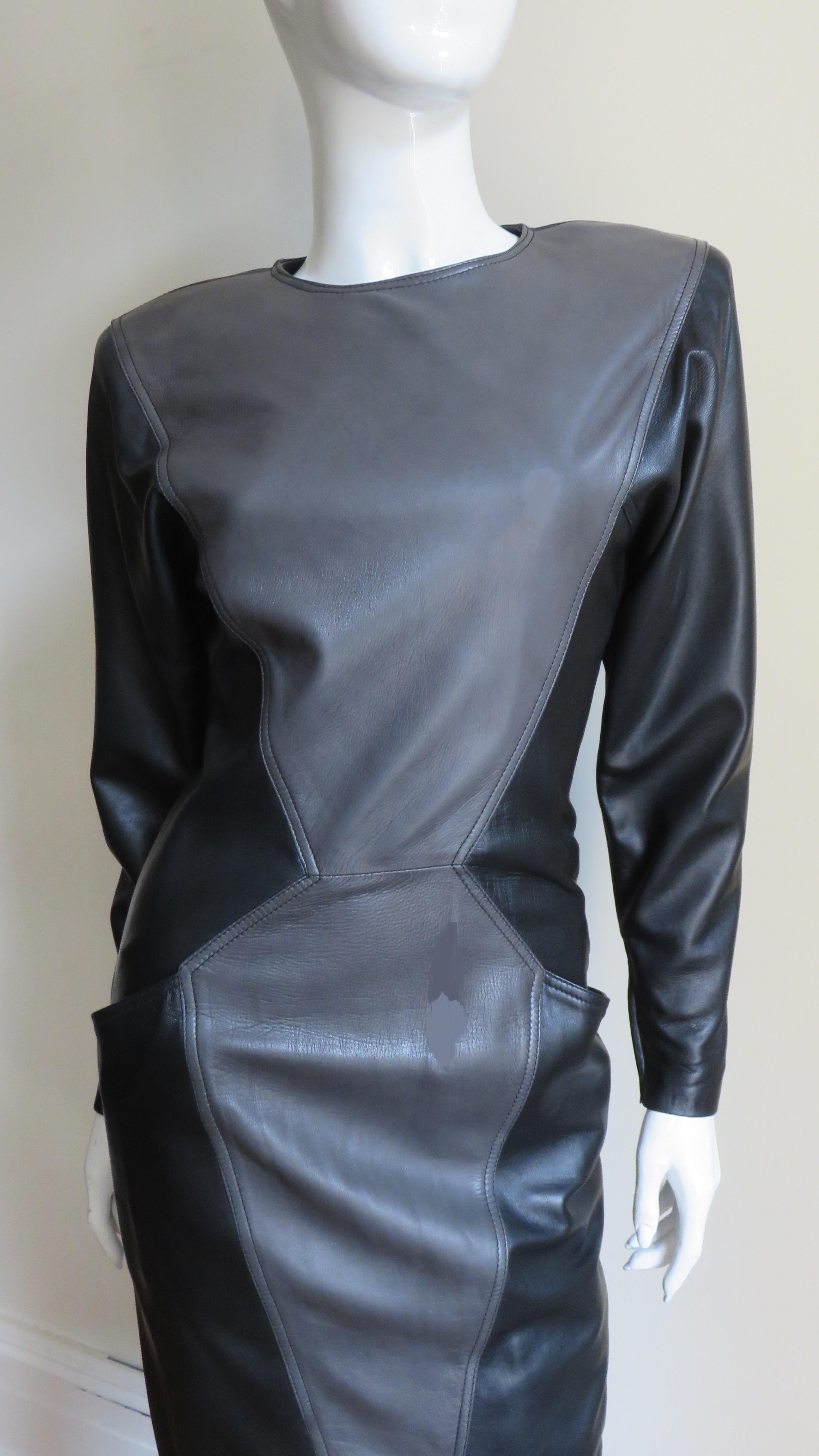 Gray Emanuel Ungaro New Leather Color Block Dress 1980s For Sale