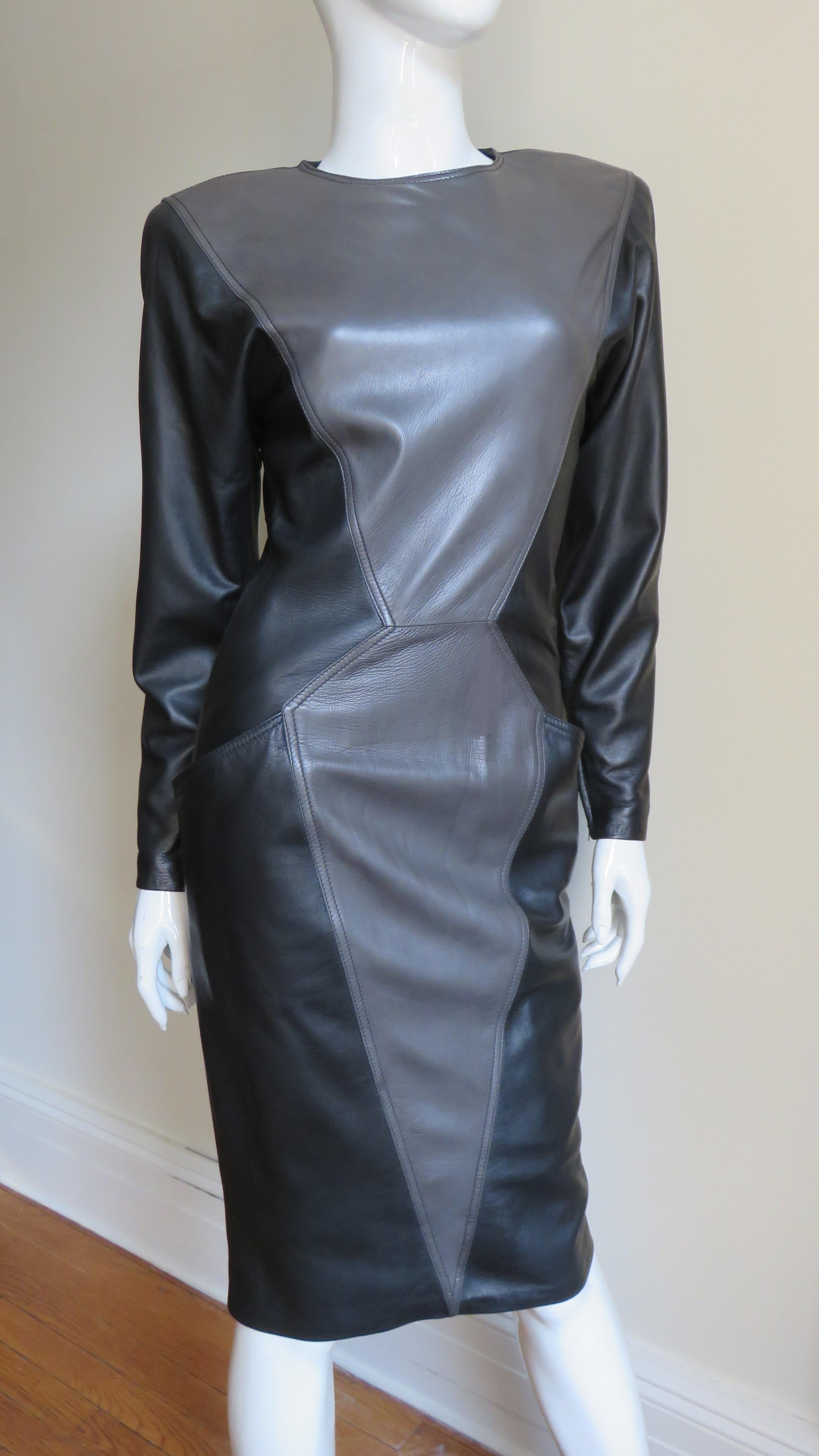 Women's Emanuel Ungaro New Leather Color Block Dress 1980s For Sale