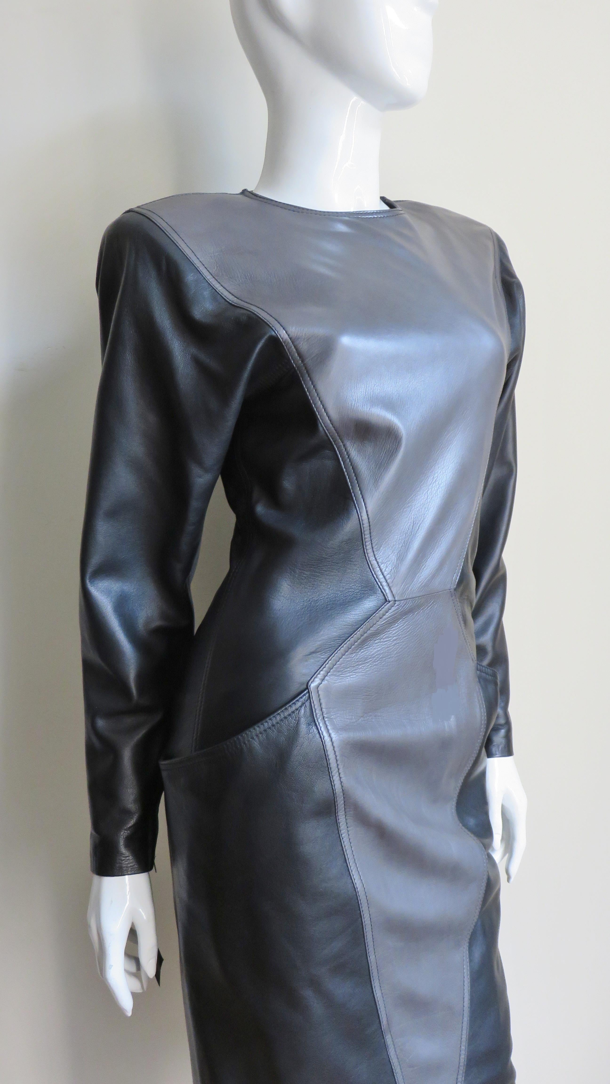 Emanuel Ungaro New Leather Color Block Dress 1980s For Sale 2