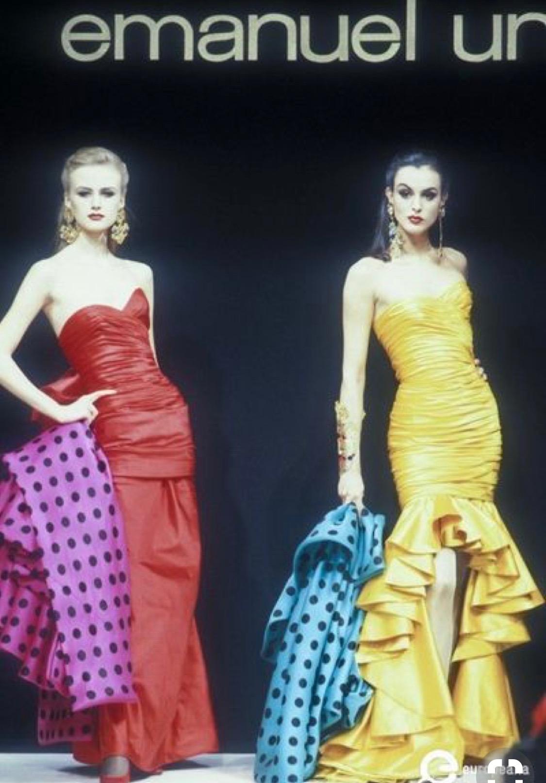 Emanuel Ungaro Numbered Haute Couture Fall 1984 Red  Strapless Evening Dress.
So pretty , from the Autumn 1984 Haute Couture, see runway photo.
Interior boned corset

Bust 34