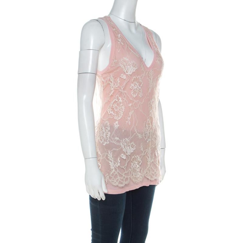 Beige Emanuel Ungaro Canotta rosa pallido con pizzo floreale sovrapposto L