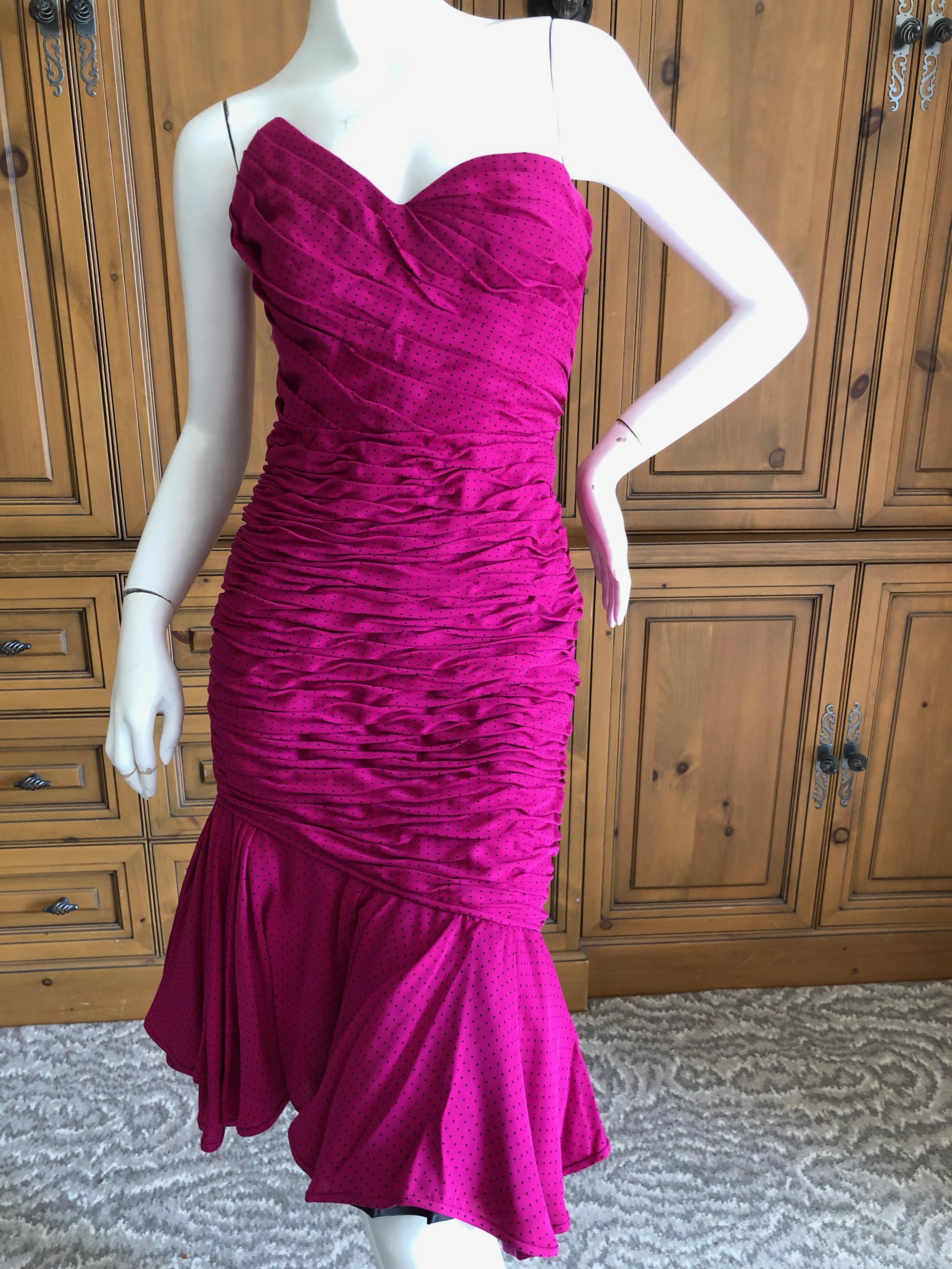 Emanuel Ungaro Parallel Fall 1984 Shirred Silk Strapless Evening Dress with Hidden Lace Hem.
So pretty .
Interior boning.

Bust 34