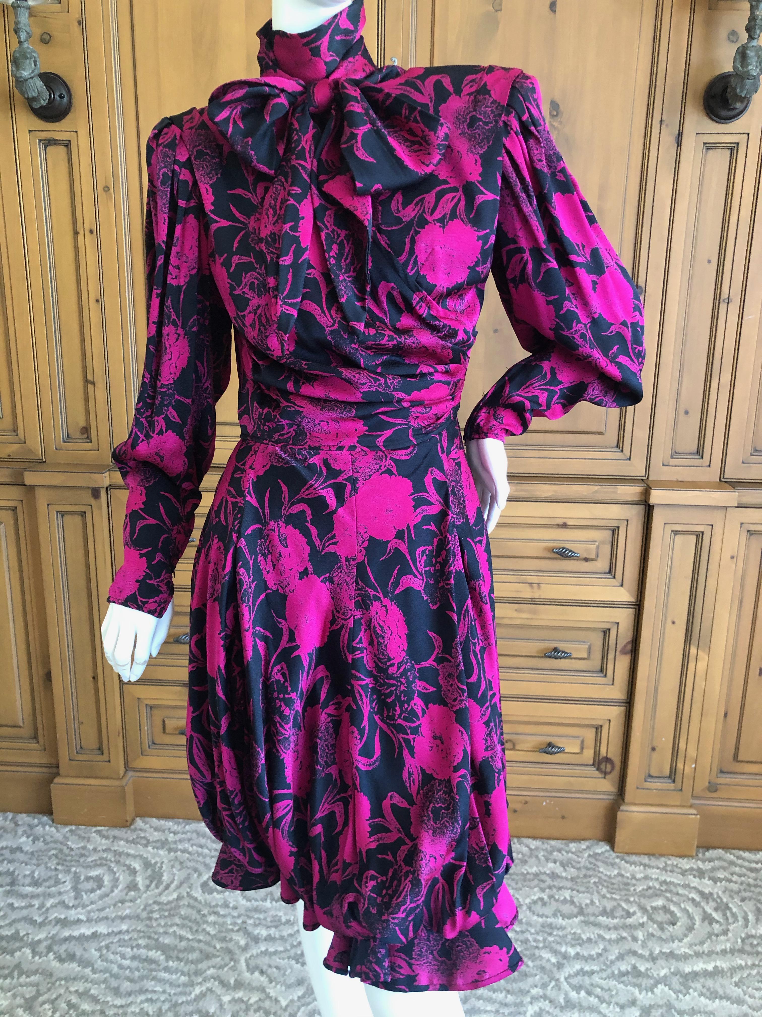 Purple Emanuel Ungaro Parallel Fall 1985 Strong Shoulder Silk Dress with Pussy Bow For Sale