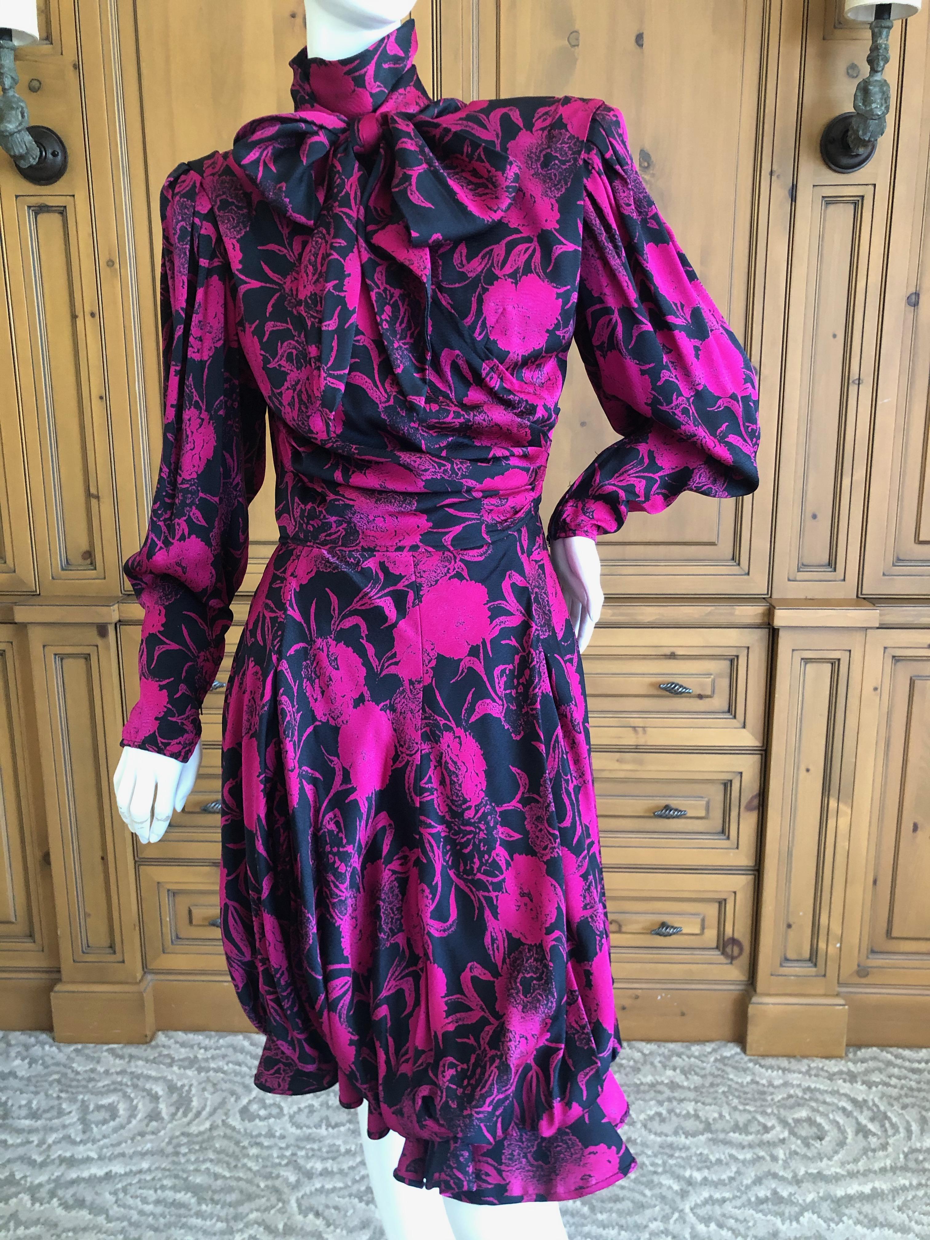 Women's Emanuel Ungaro Parallel Fall 1985 Strong Shoulder Silk Dress with Pussy Bow For Sale