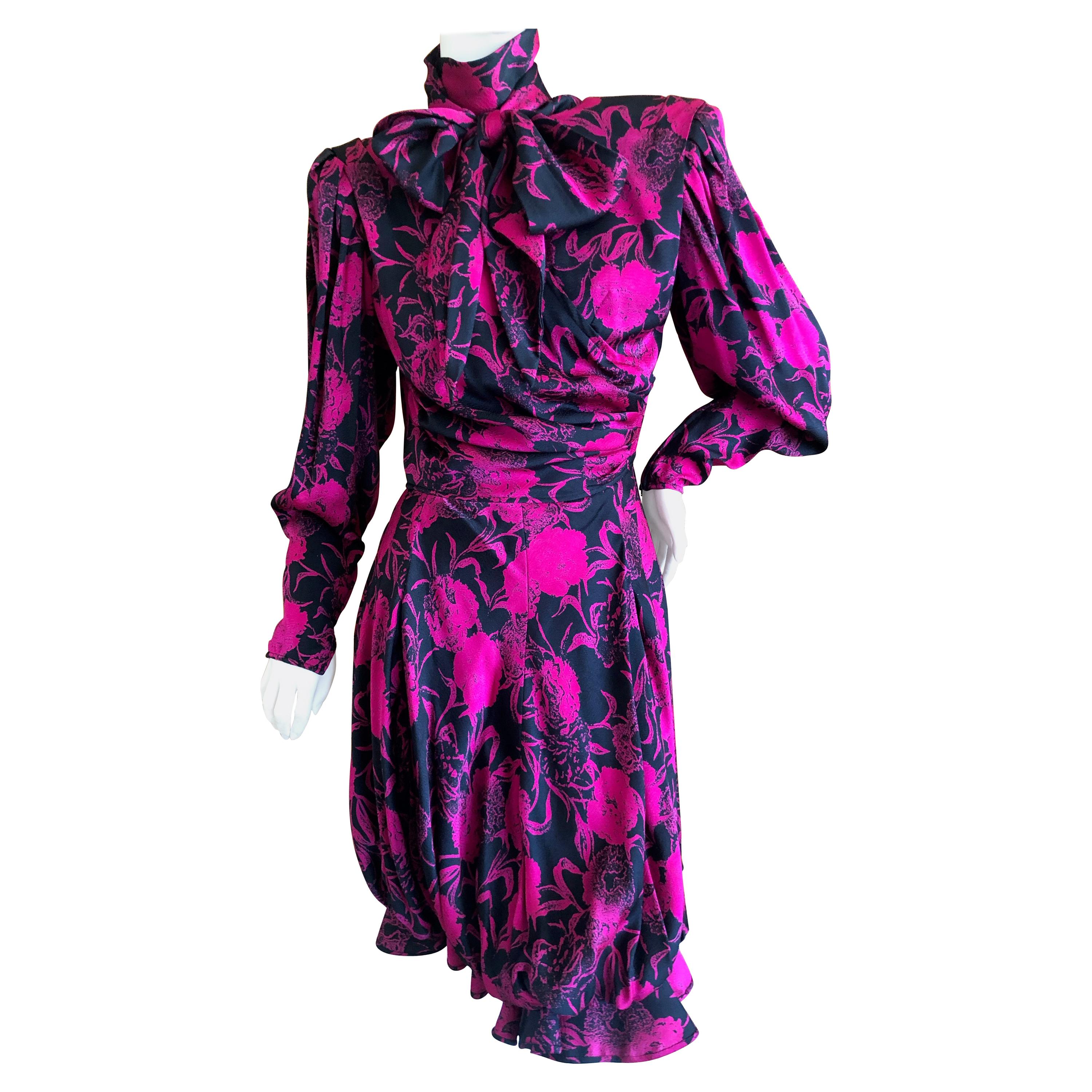 Emanuel Ungaro Parallel Fall 1985 Strong Shoulder Silk Dress with Pussy Bow For Sale