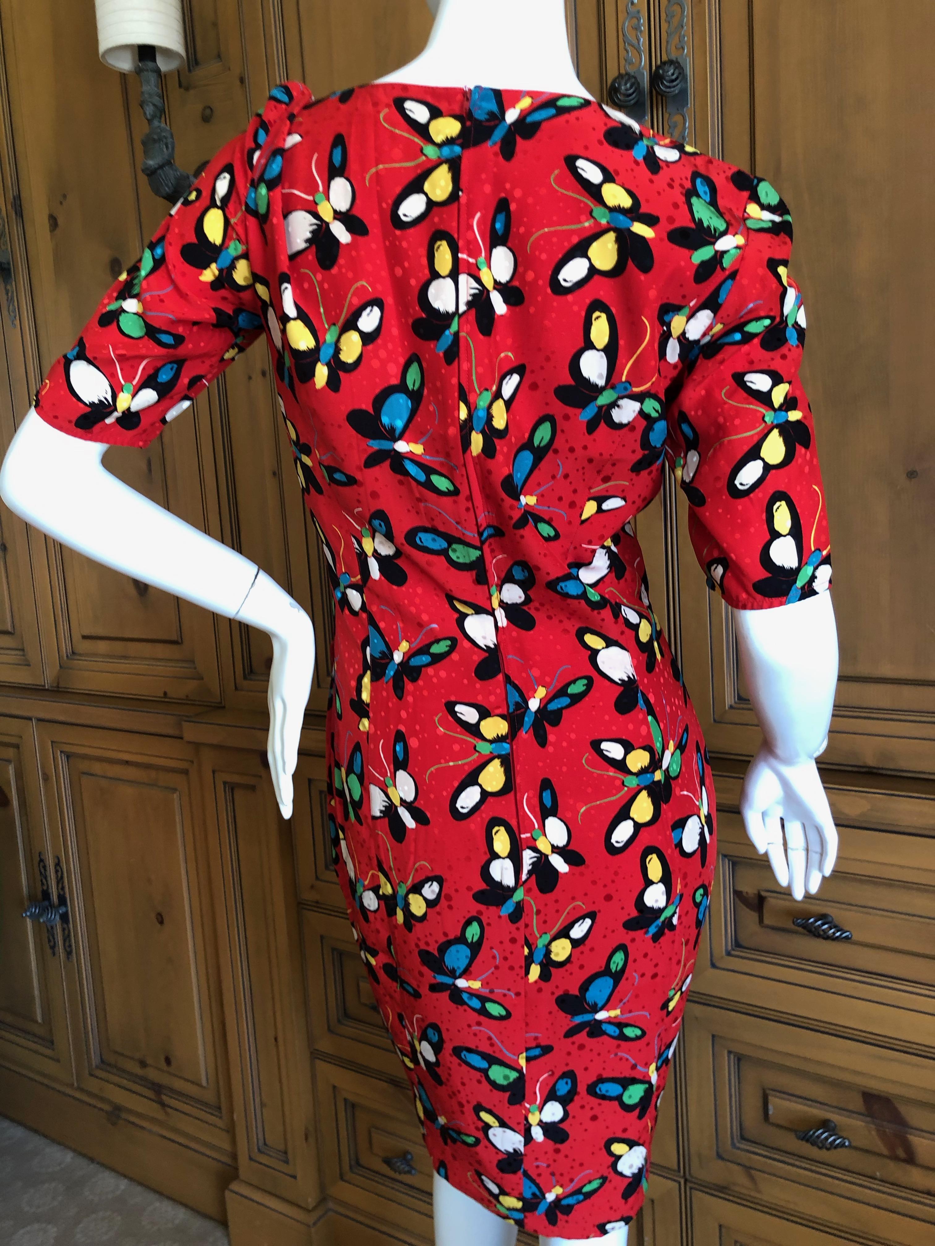 Emanuel Ungaro Parallel Vintage 1970's Red Silk Butterfly Print Dress In Excellent Condition For Sale In Cloverdale, CA