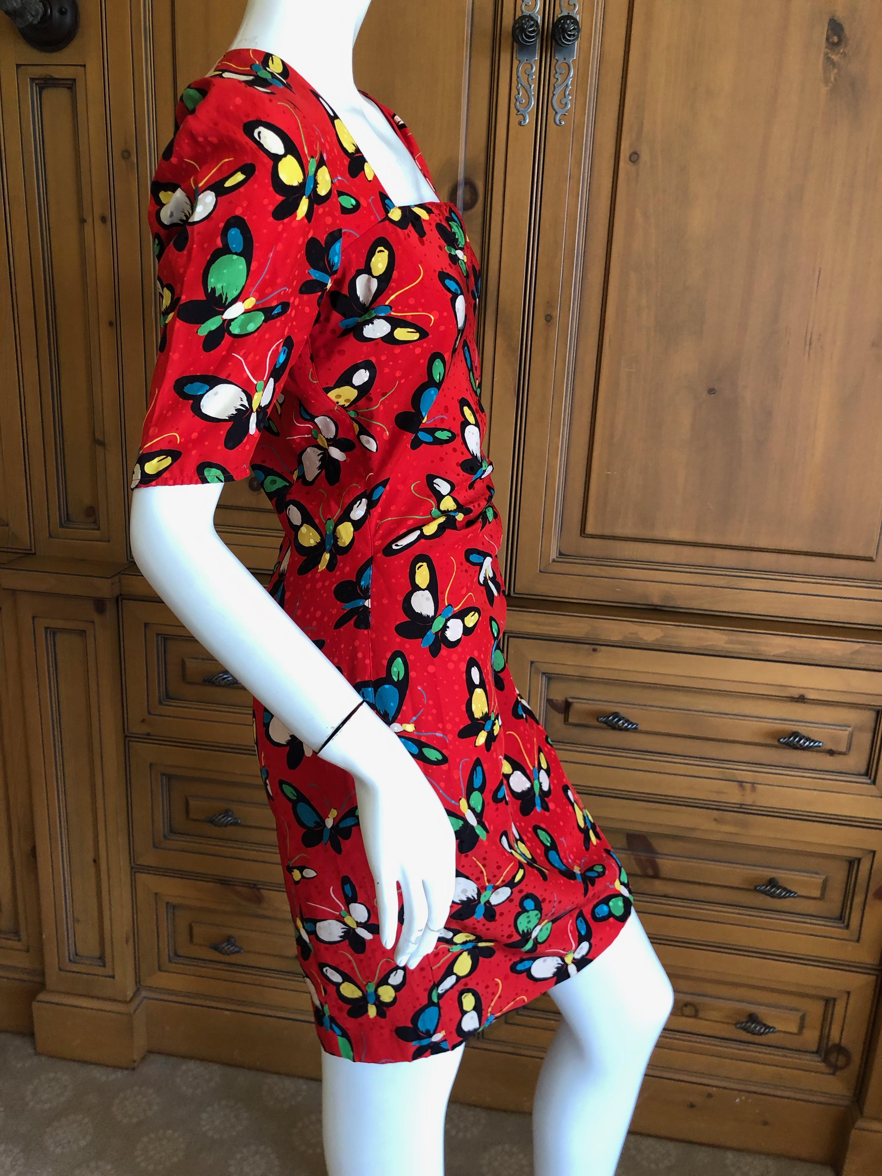 Women's Emanuel Ungaro Parallel Vintage 1970's Red Silk Butterfly Print Dress For Sale