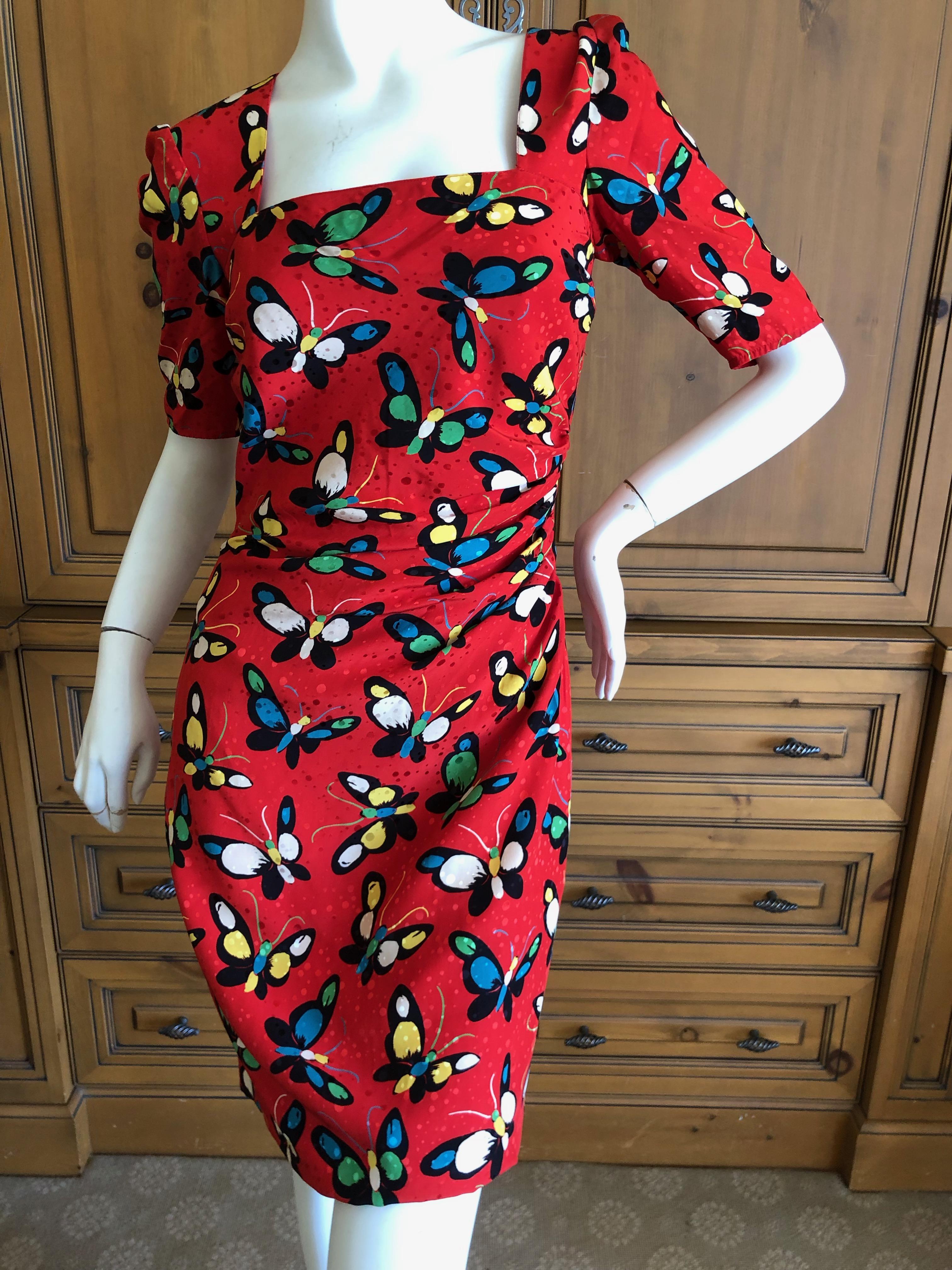 Emanuel Ungaro Parallel Vintage 1970's Red Silk Butterfly Print Dress For Sale 1