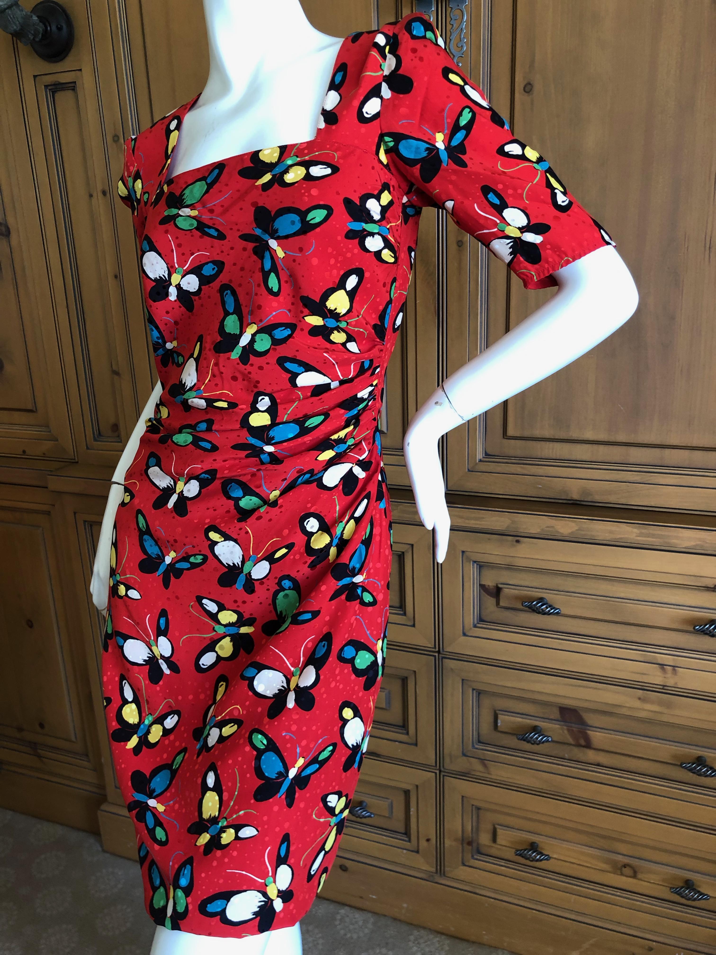 Emanuel Ungaro Parallel Vintage 1970's Red Silk Butterfly Print Dress For Sale 2