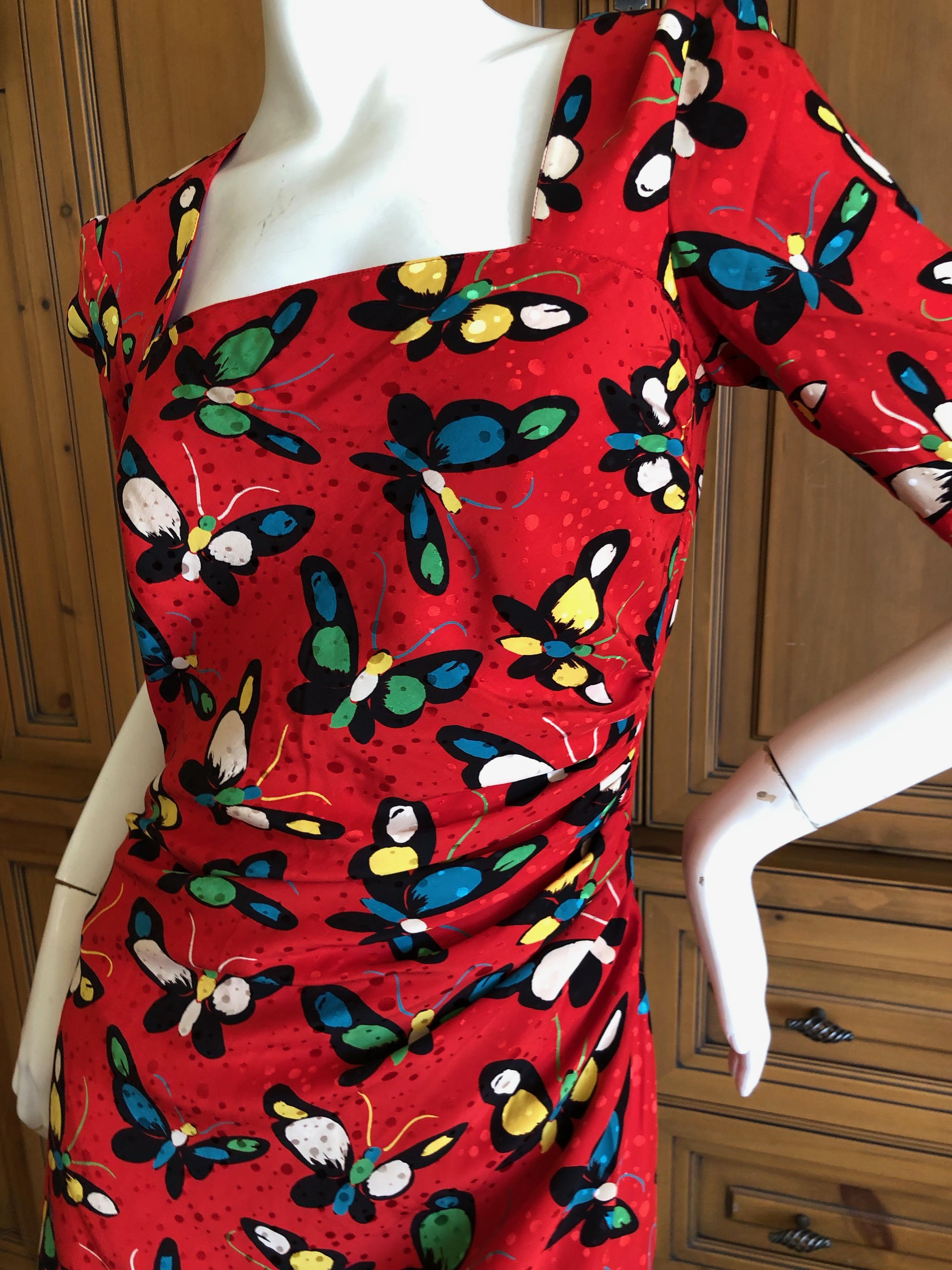 Emanuel Ungaro Parallel Vintage 1970's Red Silk Butterfly Print Dress For Sale 3